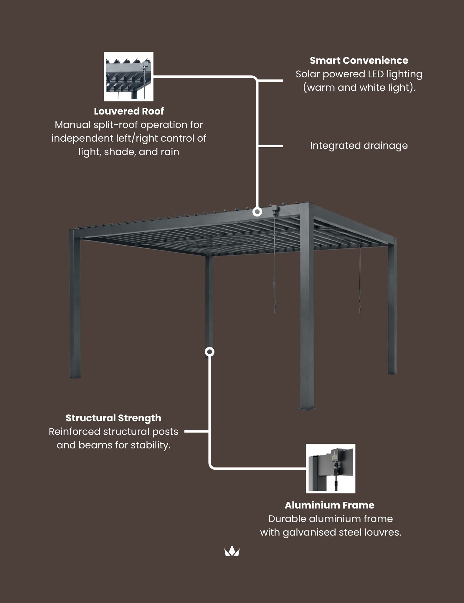 PURE 3x3m Pergola with Manual Louvered Roof and solar powered lighting