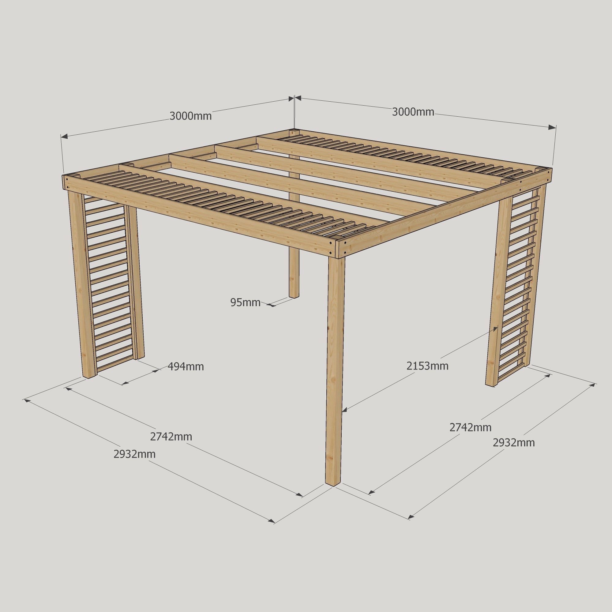 Freestanding Panel Pergola - Light Green - 3m Width x 3m Length