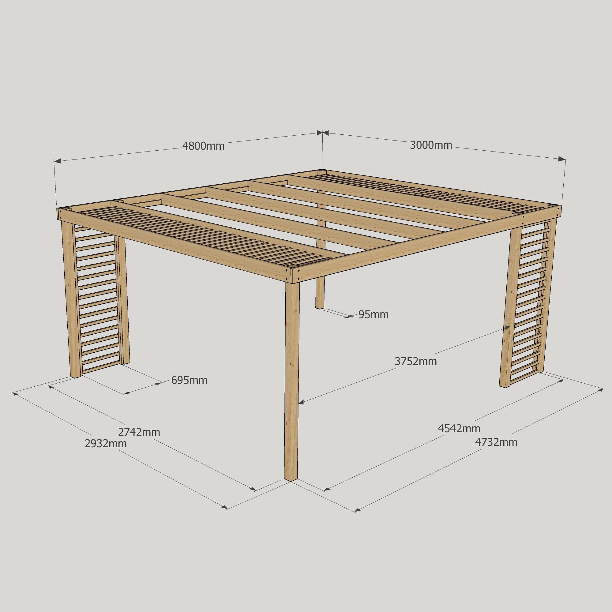 Freestanding Panel Pergola - Rustic Brown - 3m Width x 4.8m Length