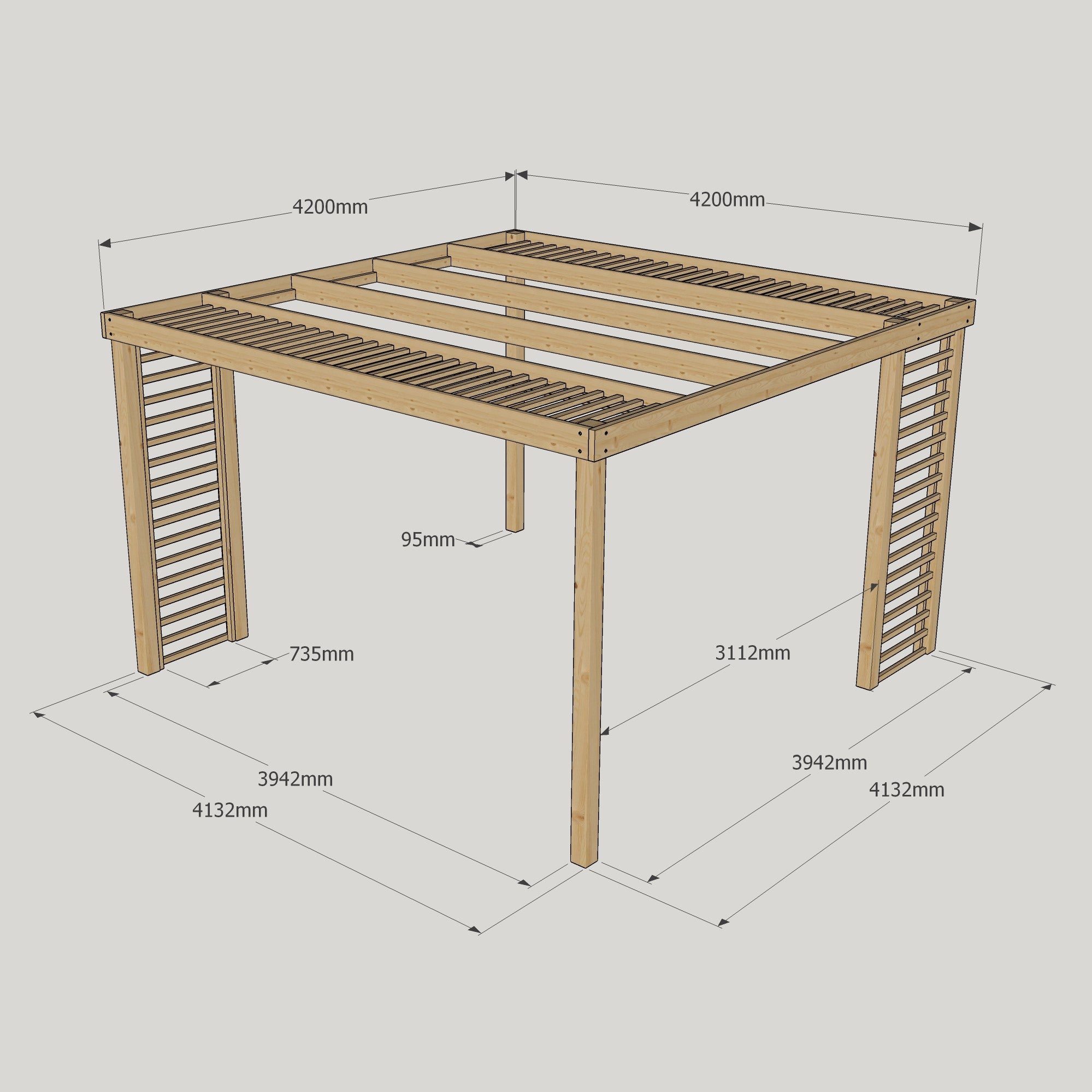 Freestanding Panel Pergola - Rustic Brown - 4.2m Width x 4.2m Length
