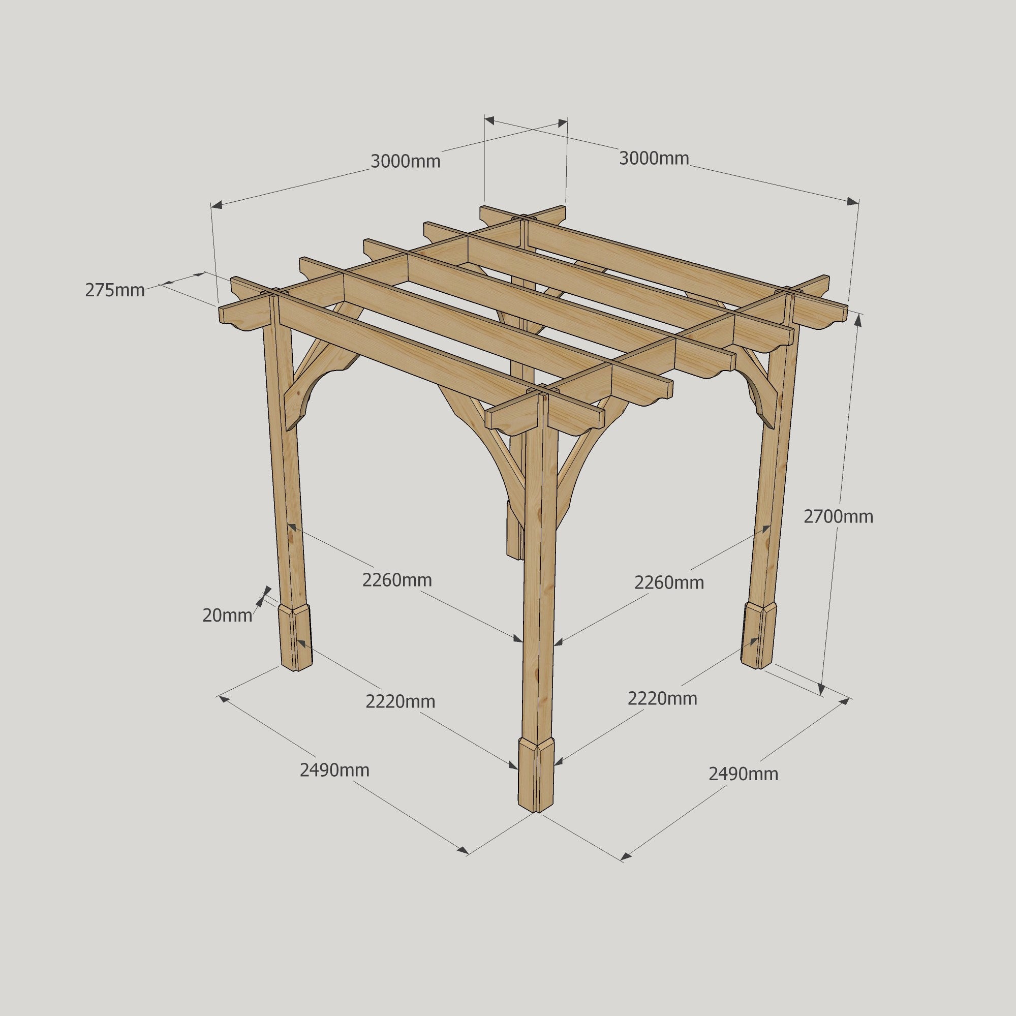 Freestanding Premium Pergola - Rustic Brown - 3m Width x 3m Length - Clearance Grade