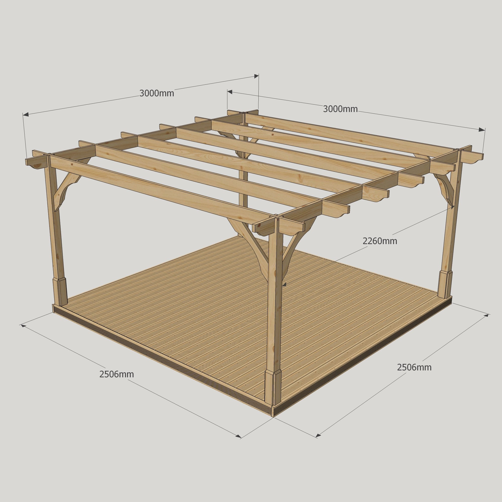Freestanding Premium Pergola with Decking - Rustic Brown - 3m Width x 3m Length