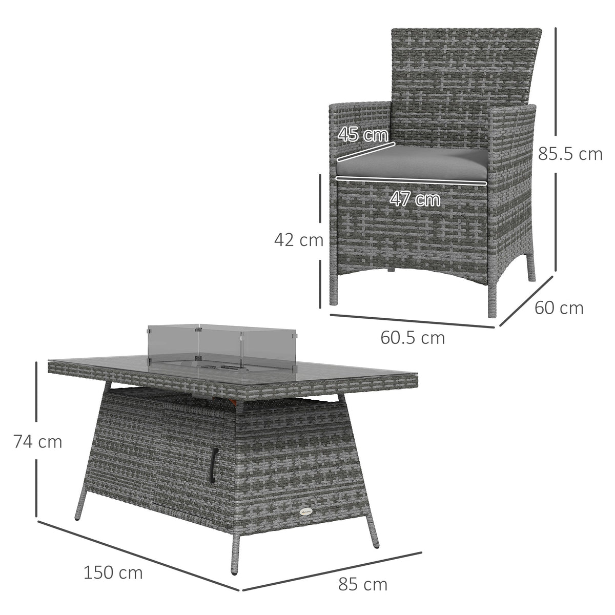7 Pieces Outdoor Rattan Furniture with Fire Pit Table, 6 Seater Garden Table and Chairs with Cushions, with Propane Heater Table, Windscreen, 50,000 BTU, Grey