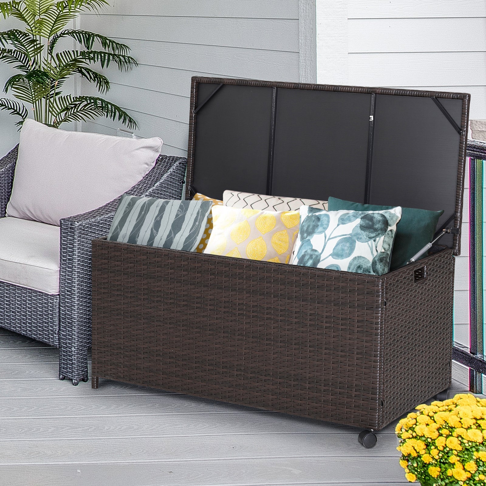 190L Deck Storage Box Patio Rattan Storage Container with 2 Wheels