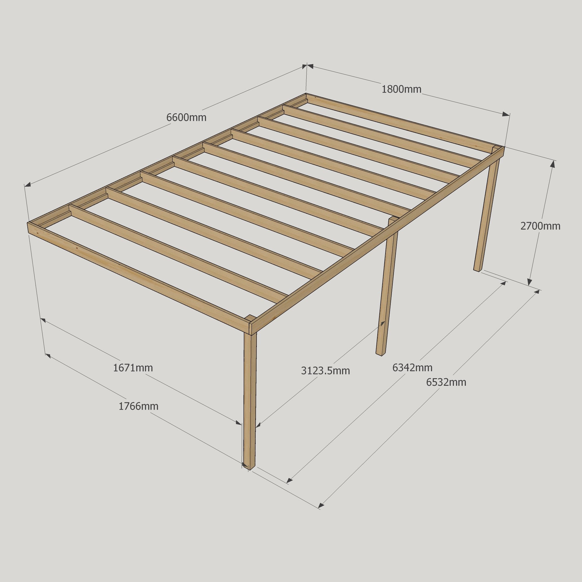 Wall Mounted Box Pergola - Rustic Brown - 1.8m Depth x 6.6m Length