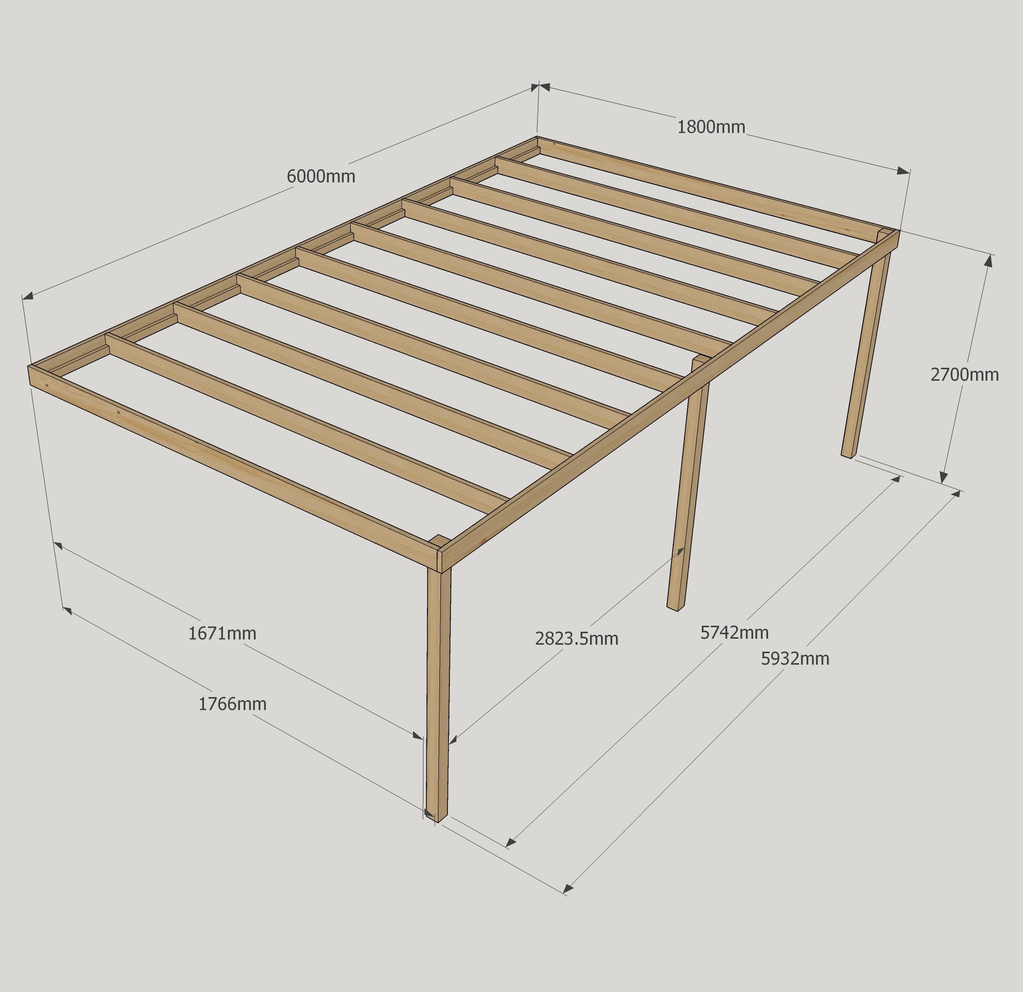 Wall Mounted Box Pergola - Rustic Brown - 1.8m Depth x 6m Length