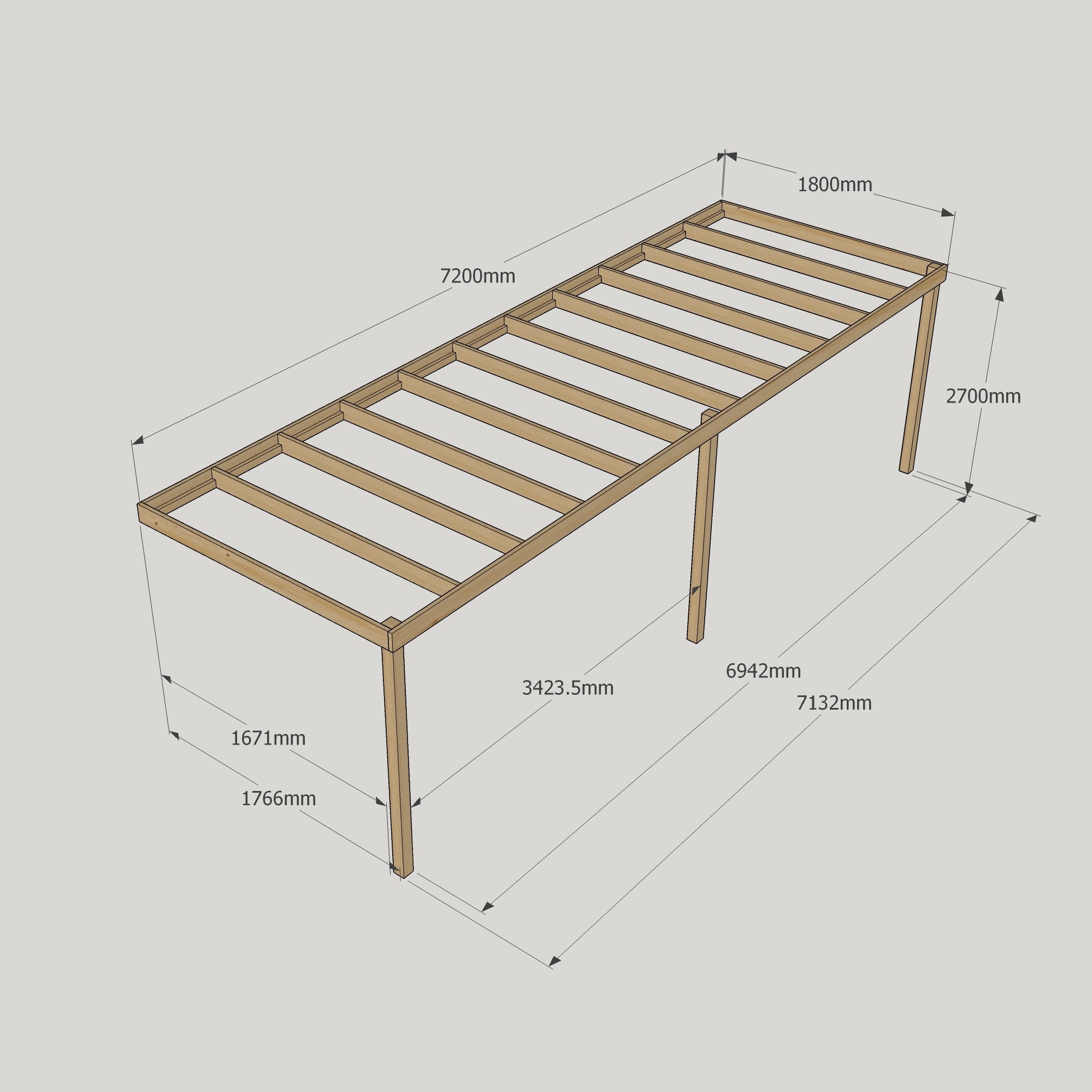 Wall Mounted Box Pergola - Rustic Brown - 1.8m Depth x 7.2m Length