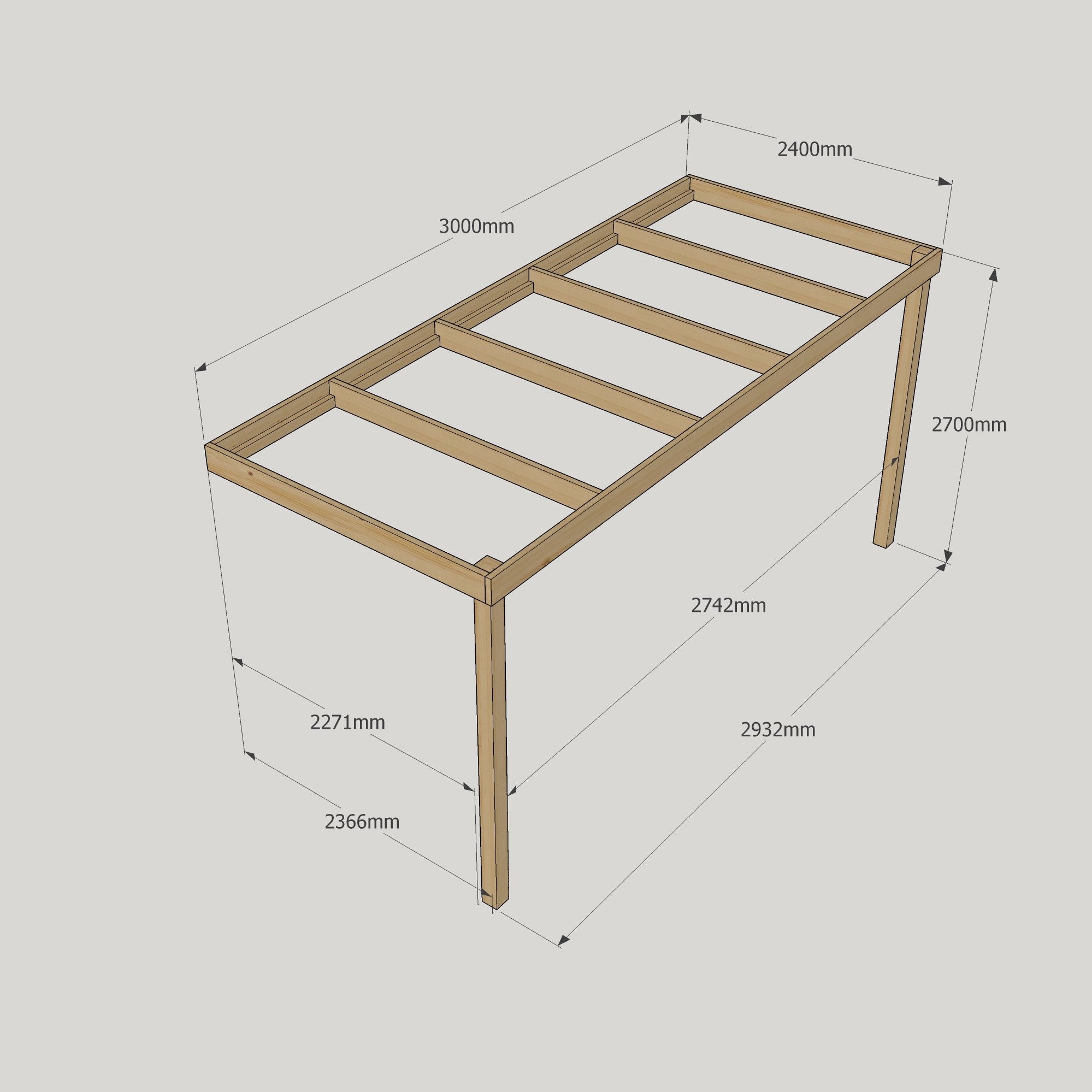 Wall Mounted Box Pergola - Rustic Brown - 2.4m Depth x 3m Length