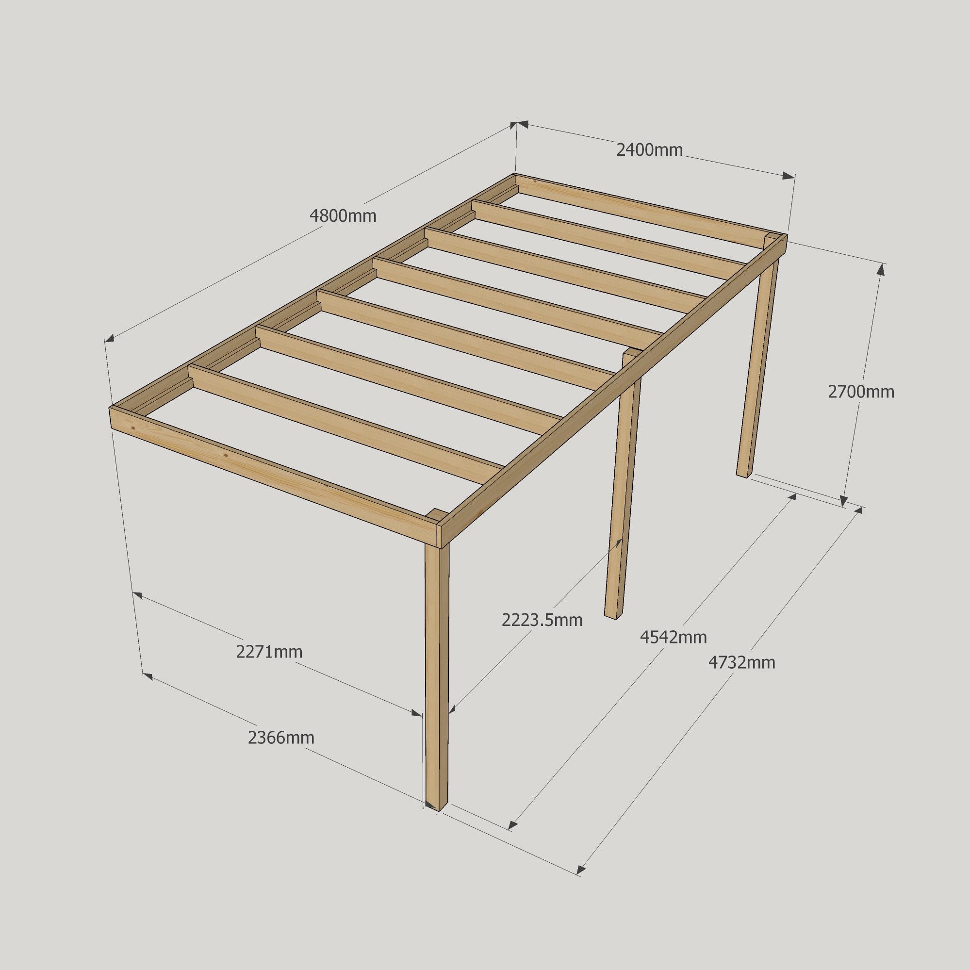 Wall Mounted Box Pergola - Rustic Brown - 2.4m Depth x 4.8m Length