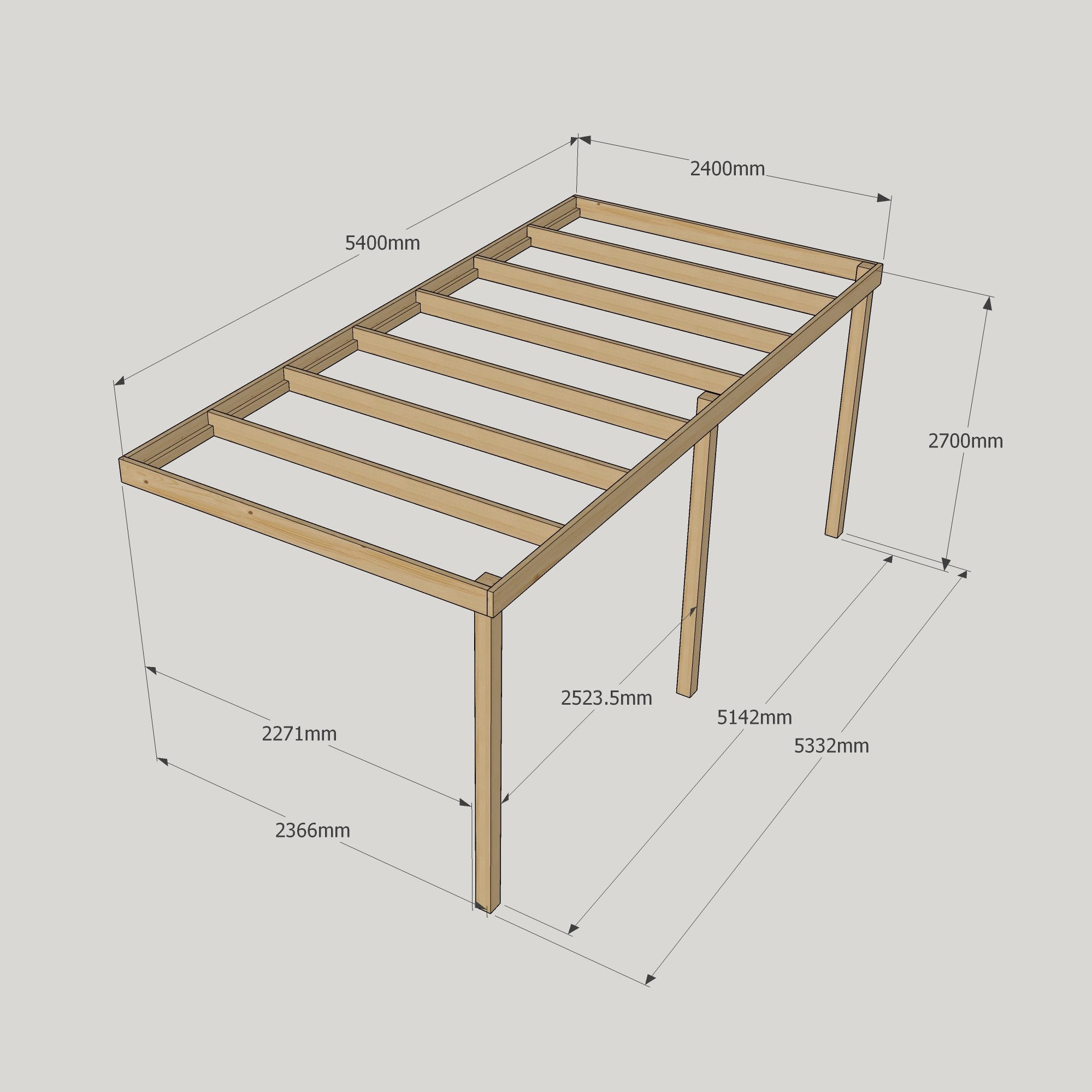 Wall Mounted Box Pergola - Rustic Brown - 2.4m Depth x 5.4m Length