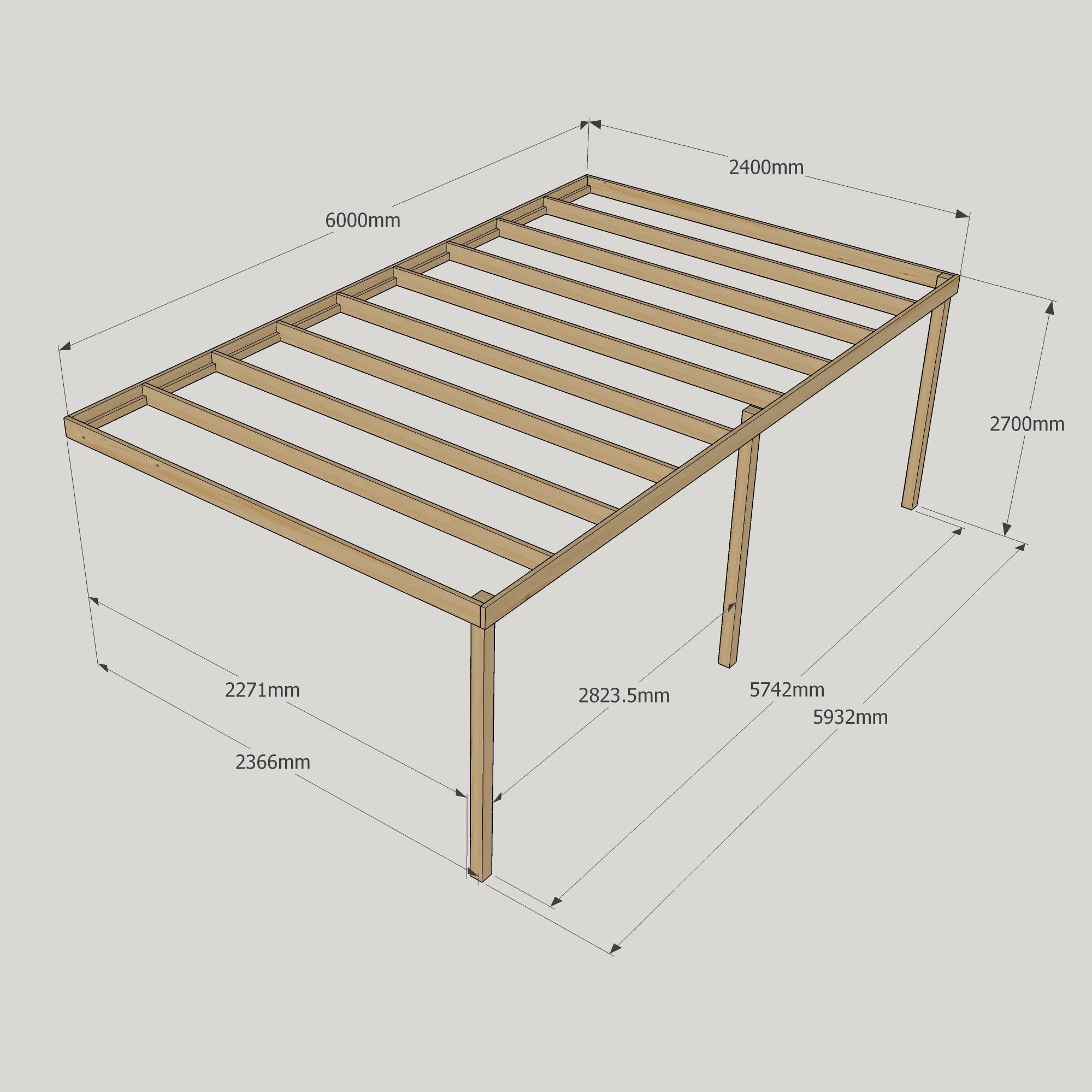 Wall Mounted Box Pergola - Rustic Brown - 2.4m Depth x 6m Length