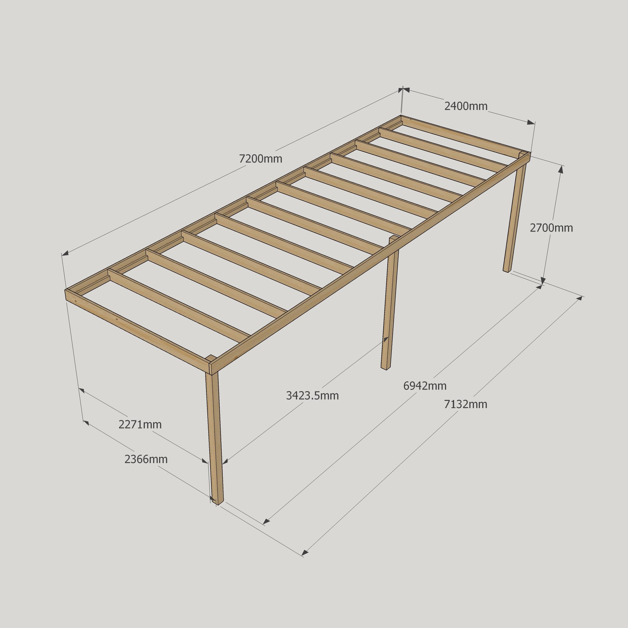 Wall Mounted Box Pergola - Rustic Brown - 2.4m Depth x 7.2m Length