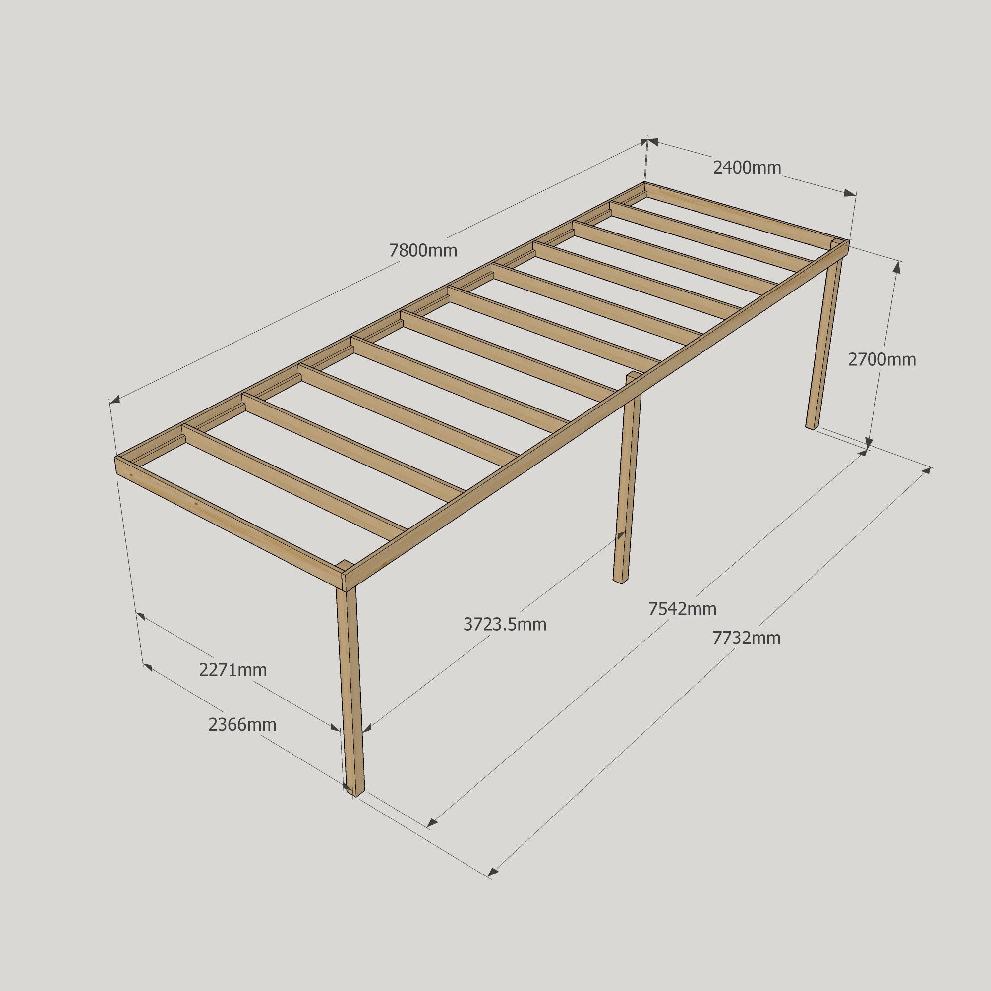 Wall Mounted Box Pergola - Rustic Brown - 2.4m Depth x 7.8m Length