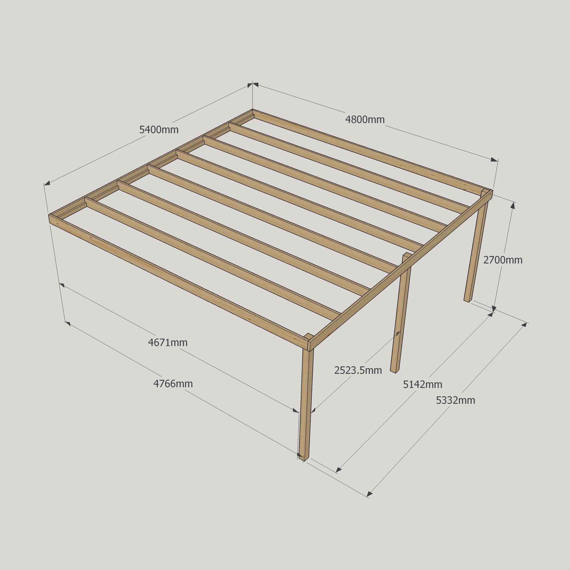 Wall Mounted Box Pergola - Rustic Brown - 4.8m Depth x 5.4m Length