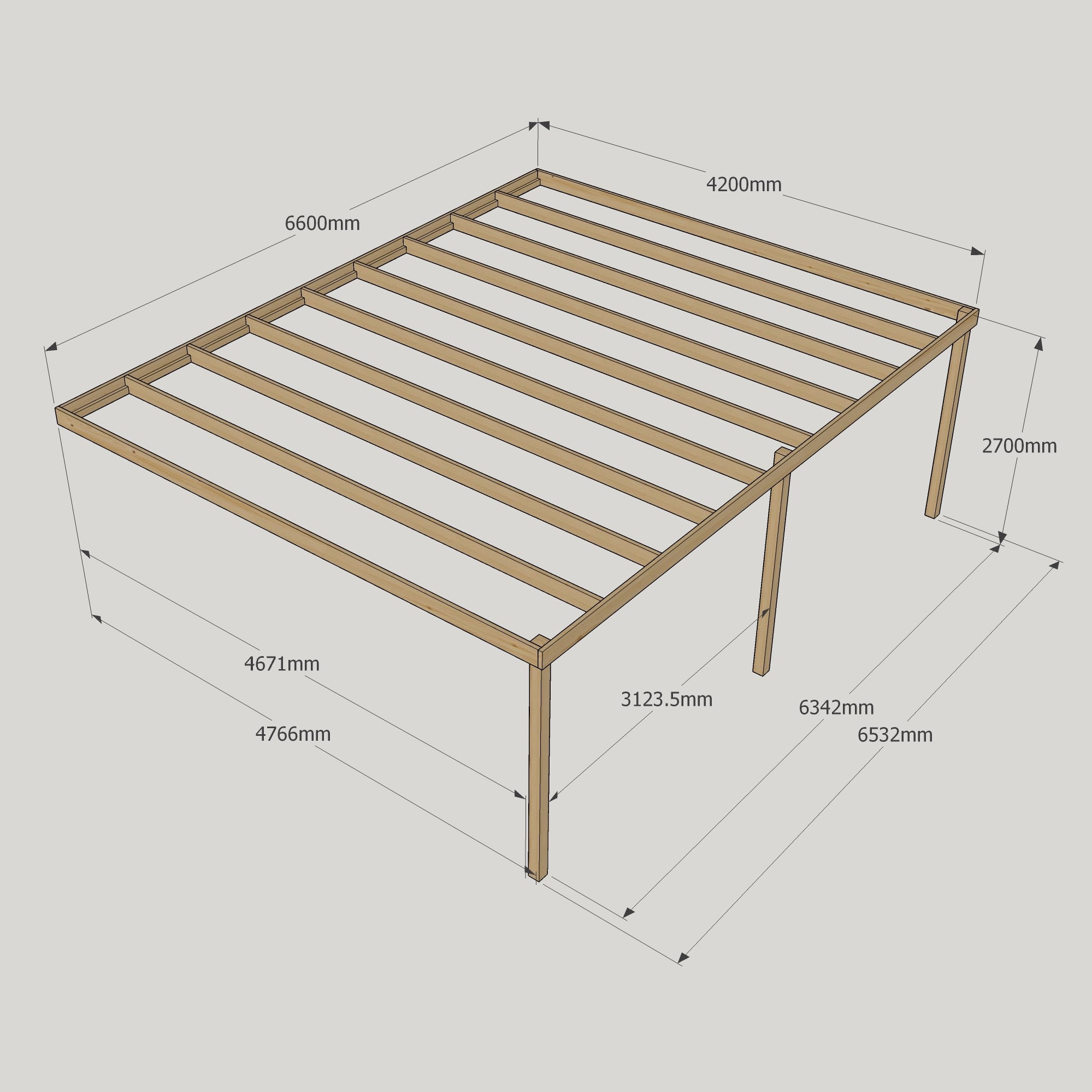 Wall Mounted Box Pergola - Rustic Brown - 4.8m Depth x 6.6m Length