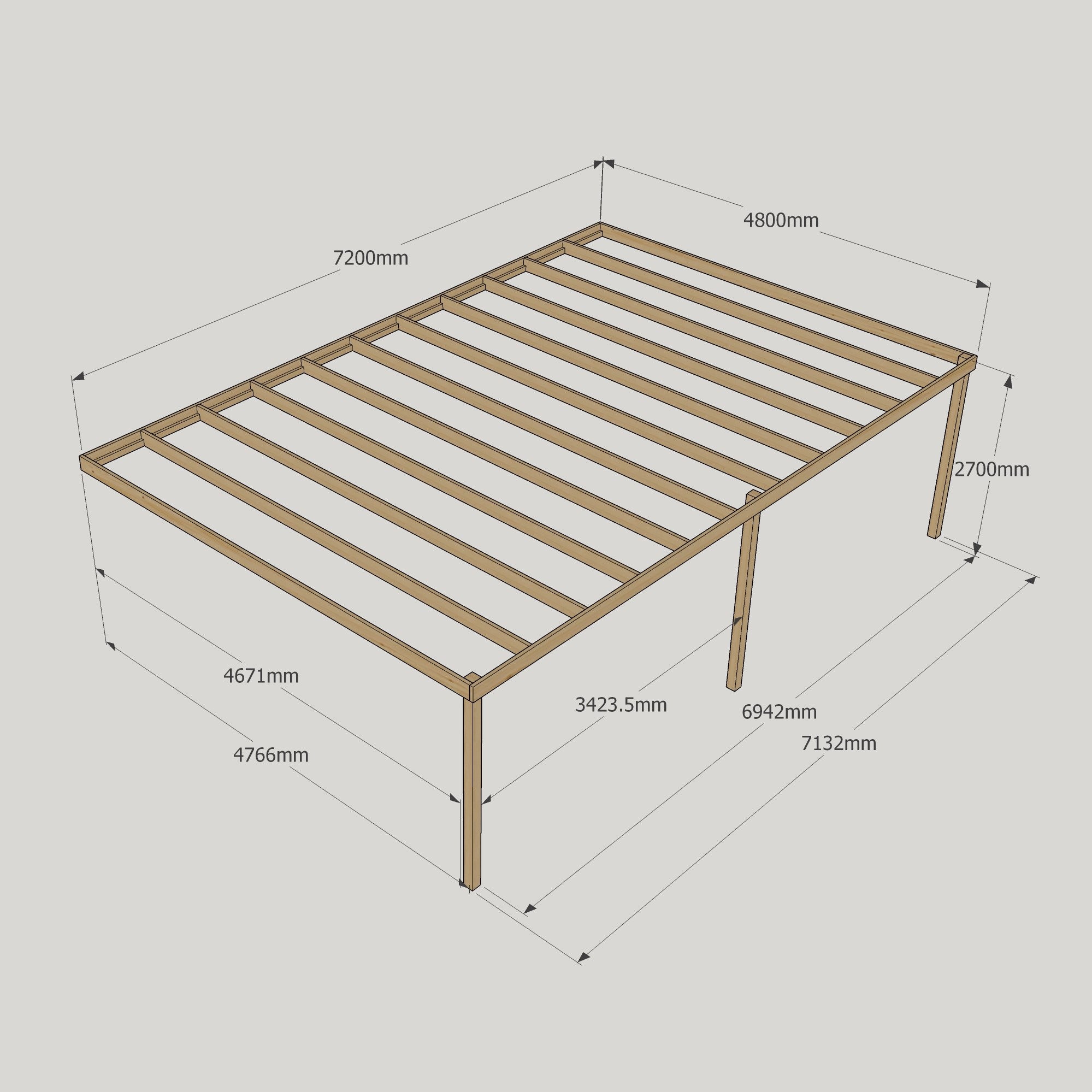 Wall Mounted Box Pergola - Rustic Brown - 4.8m Depth x 7.2m Length