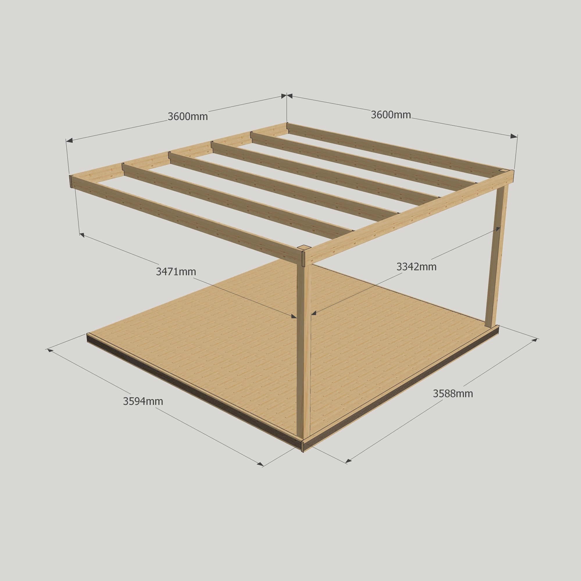Wall Mounted Box Pergola with Decking - Light Green - 3.6m Depth x 3.6m Length