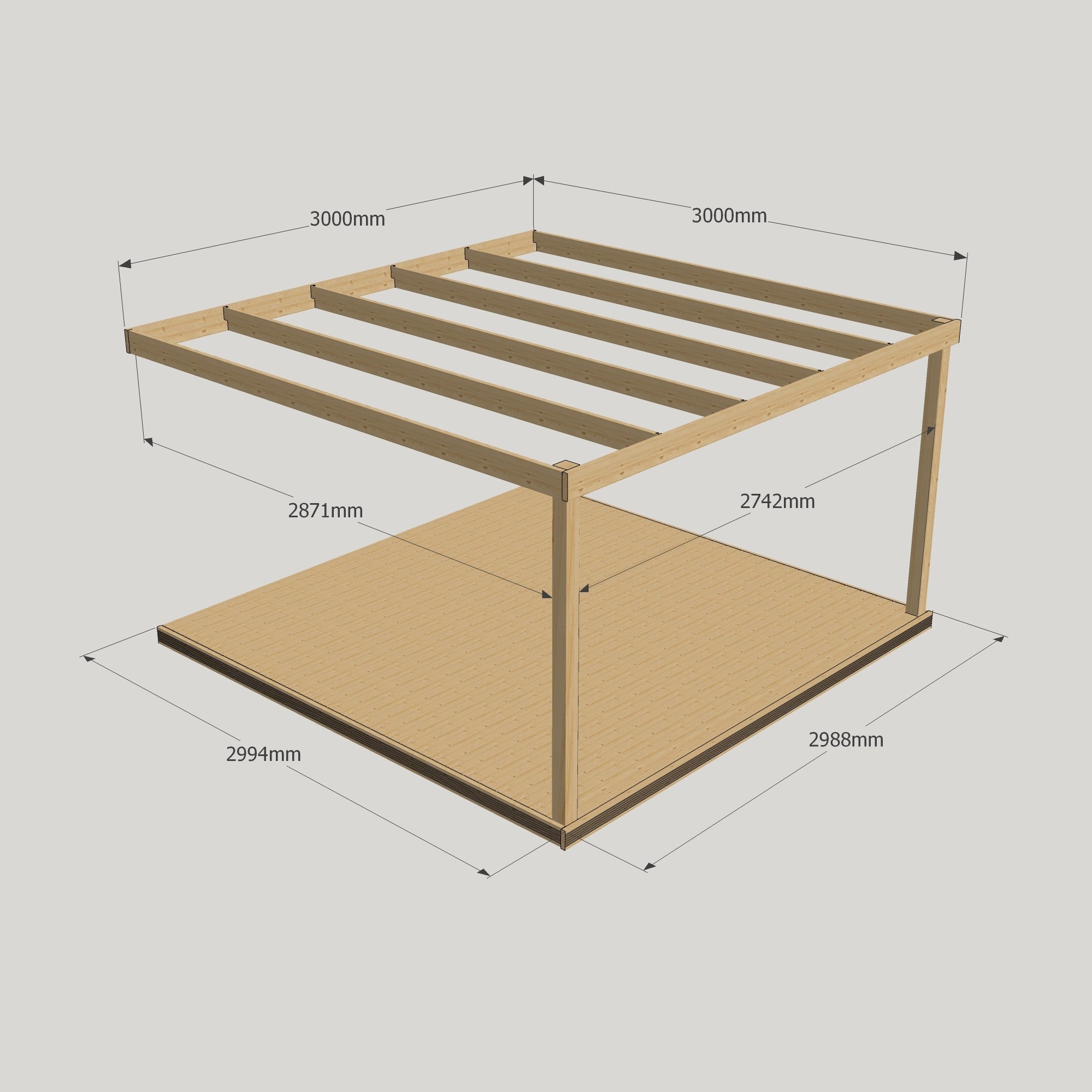 Wall Mounted Box Pergola with Decking - Rustic Brown - 3m Depth x 3m Length