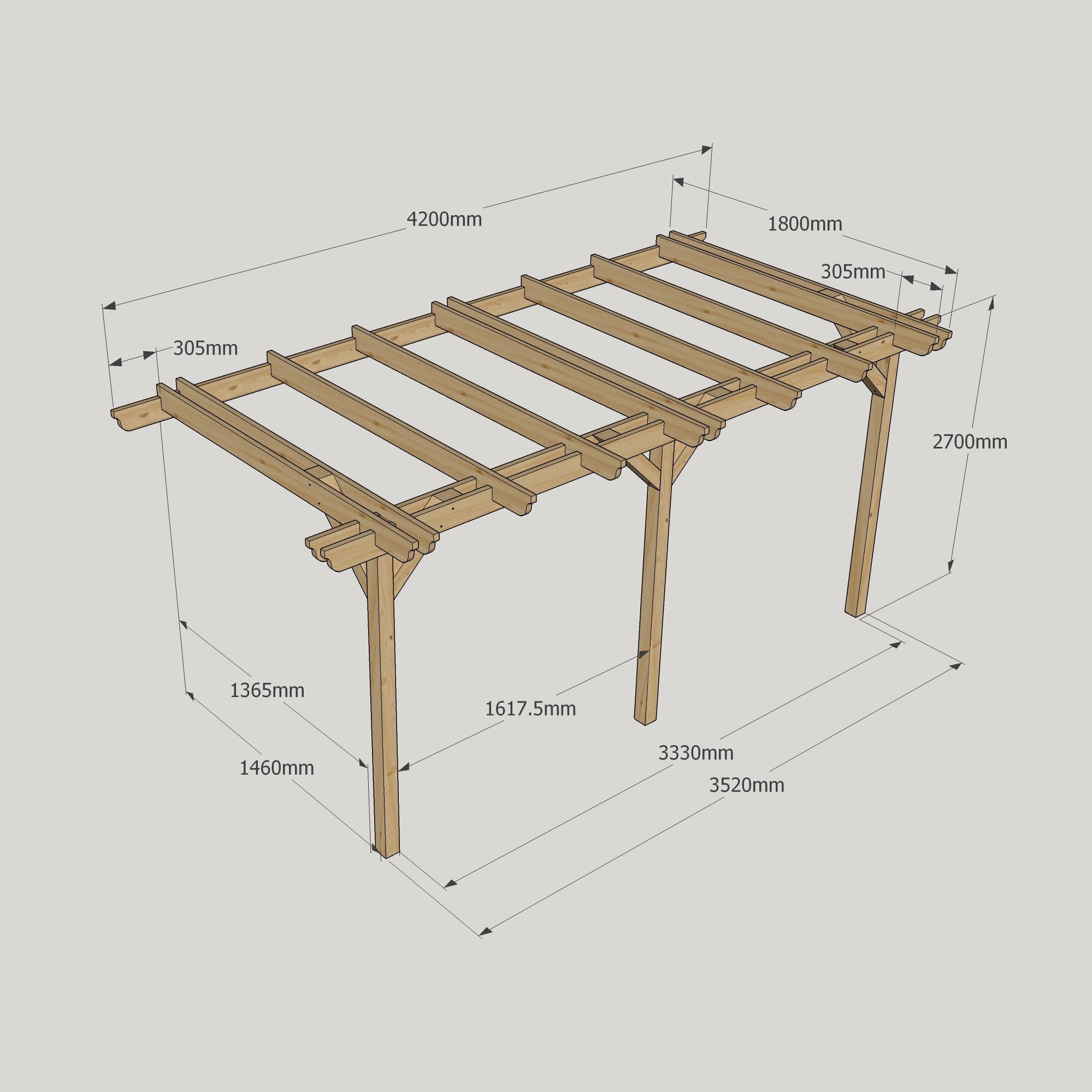 Wall Mounted Double Garden Pergola - Rustic Brown - 1.8m Depth x 4.2m Length