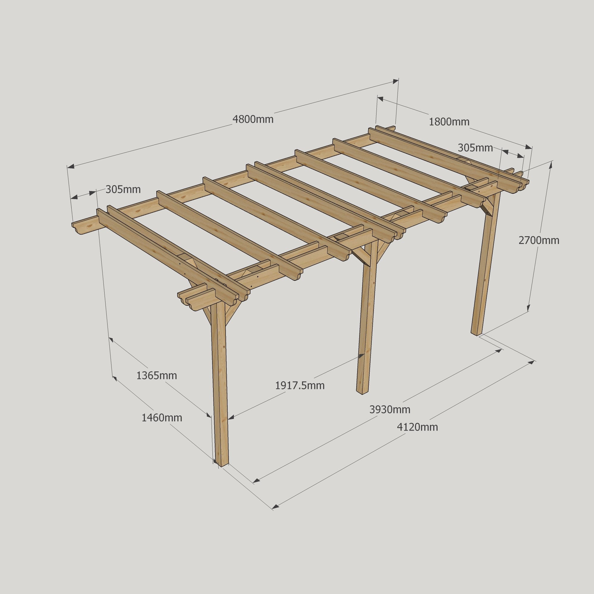 Wall Mounted Double Garden Pergola - Rustic Brown - 1.8m Depth x 4.8m Length