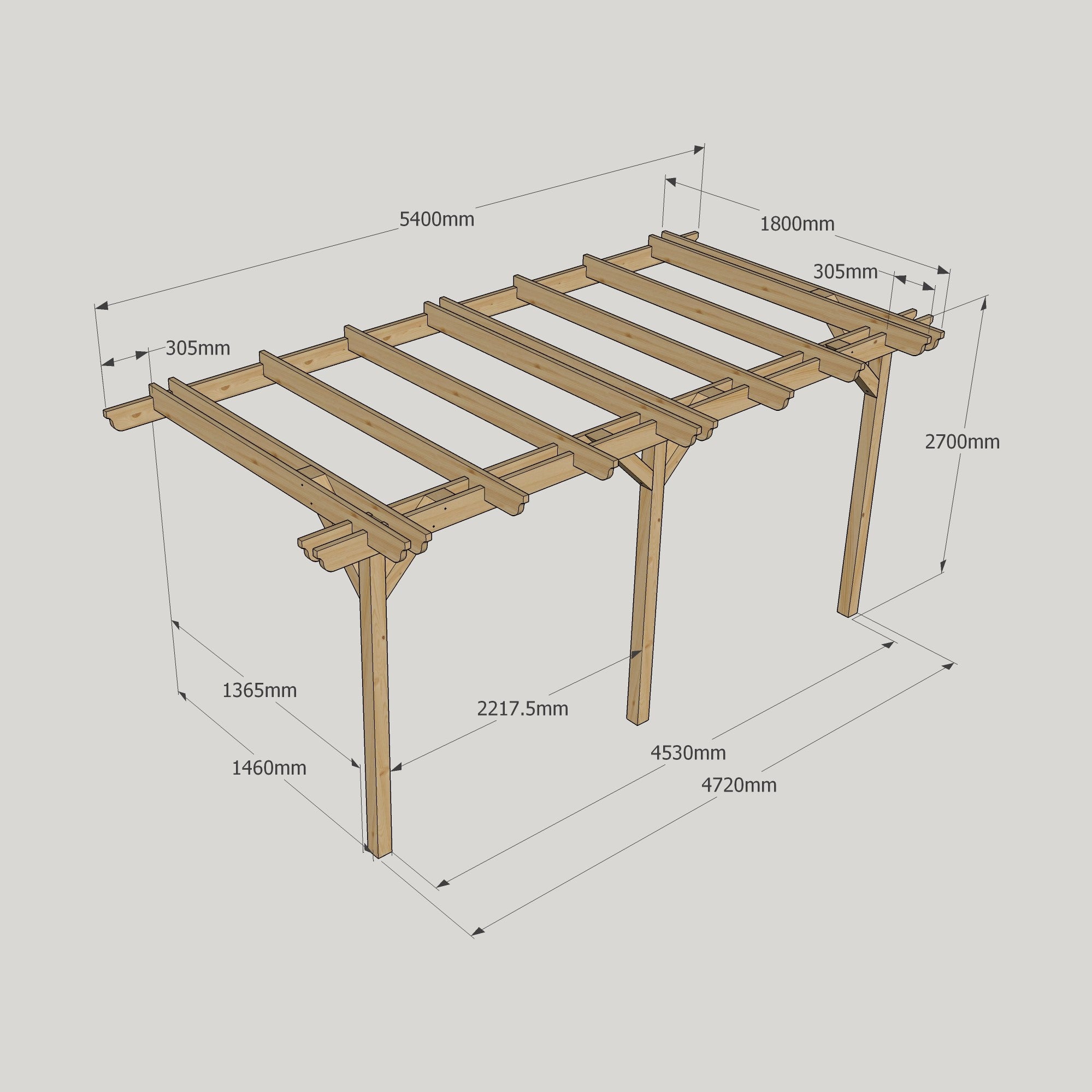 Wall Mounted Double Garden Pergola - Rustic Brown - 1.8m Depth x 5.4m Length