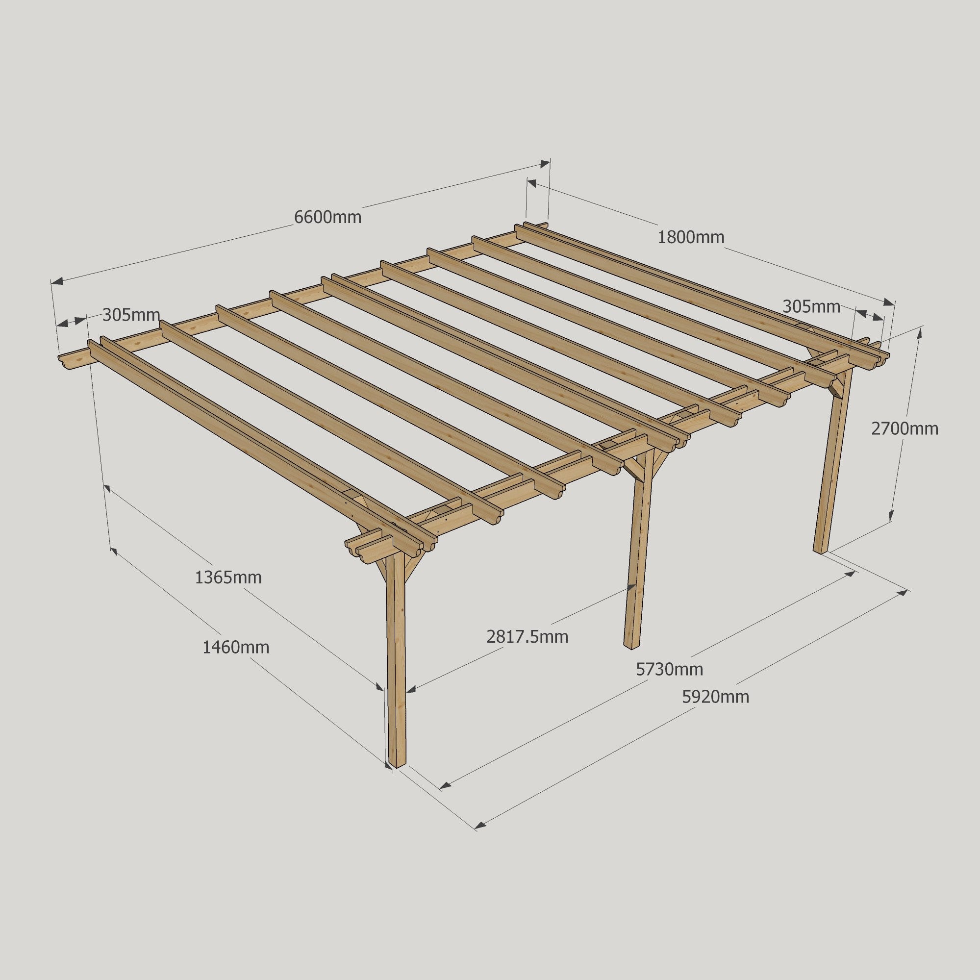 Wall Mounted Double Garden Pergola - Rustic Brown - 1.8m Depth x 6.6m Length