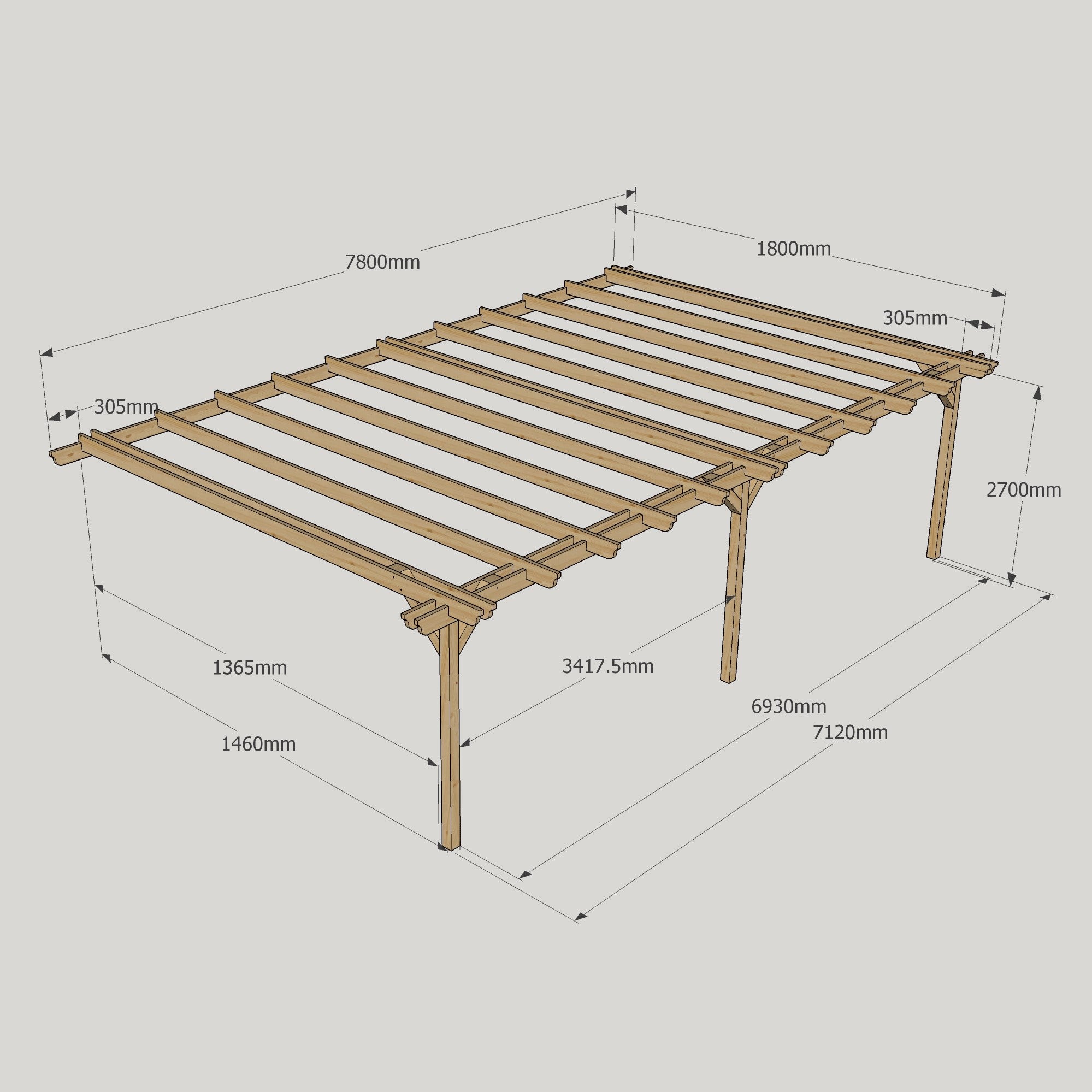 Wall Mounted Double Garden Pergola - Rustic Brown - 1.8m Depth x 7.8m Length