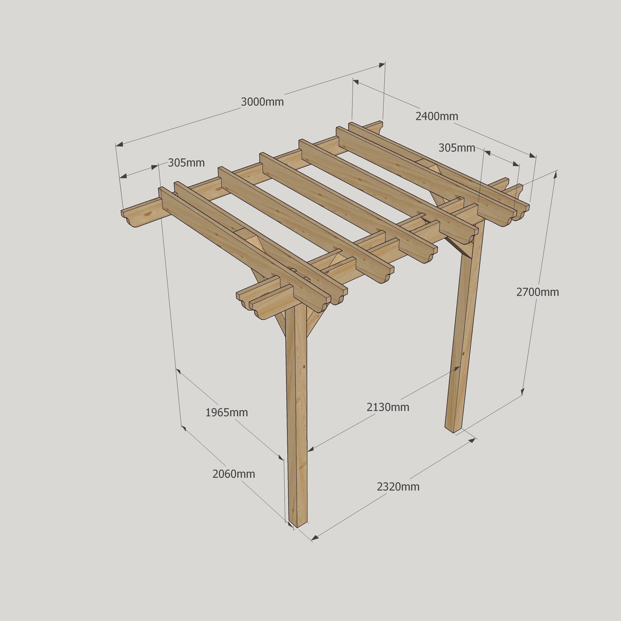 Wall Mounted Double Garden Pergola - Rustic Brown - 2.4m Depth x 3m Length