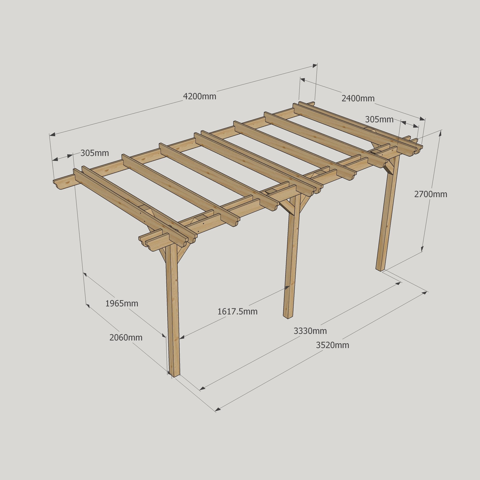 Wall Mounted Double Garden Pergola - Rustic Brown - 2.4m Depth x 4.2m Length