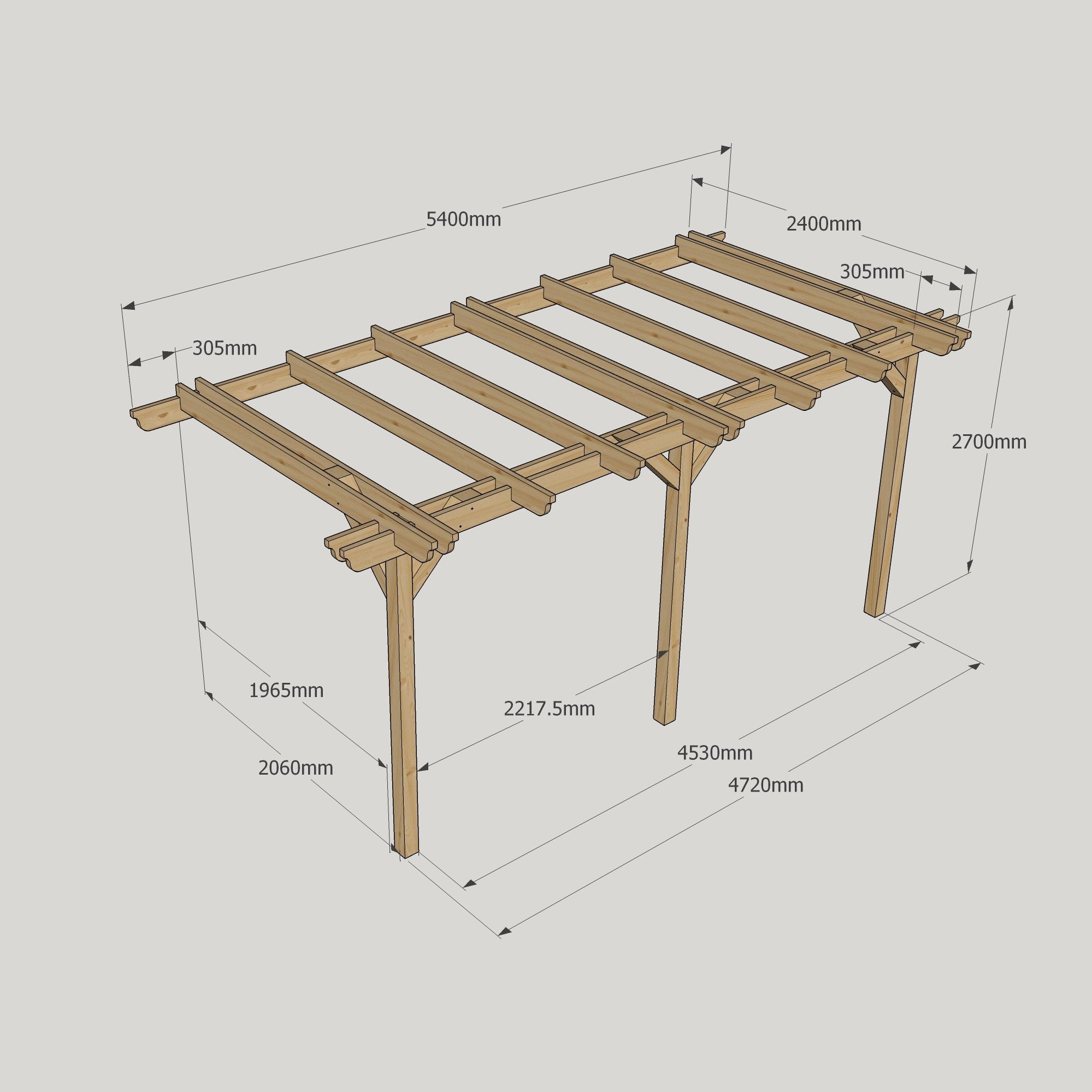 Wall Mounted Double Garden Pergola - Rustic Brown - 2.4m Depth x 5.4m Length