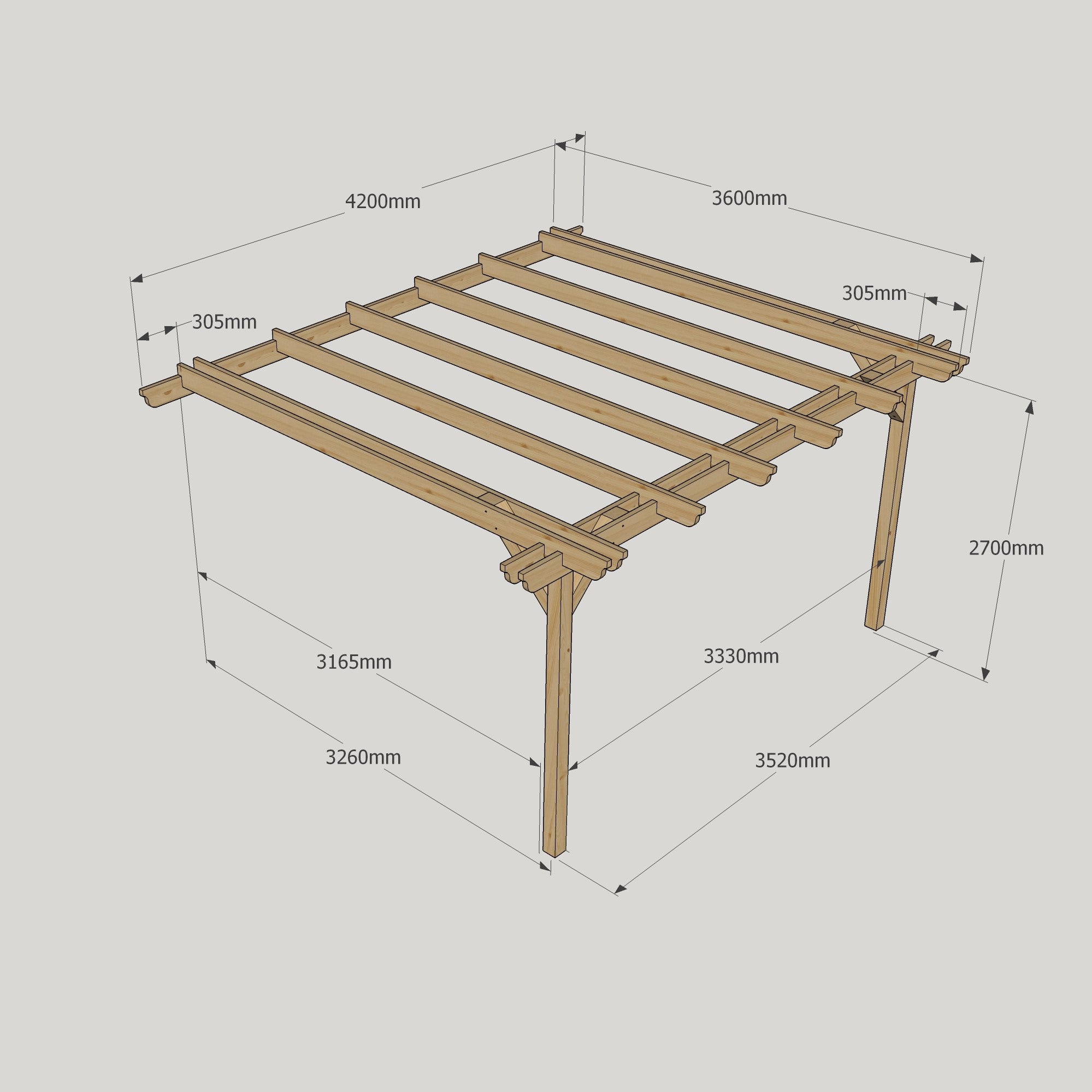 Wall Mounted Double Garden Pergola - Rustic Brown - 3.6m Depth x 4.2m Length