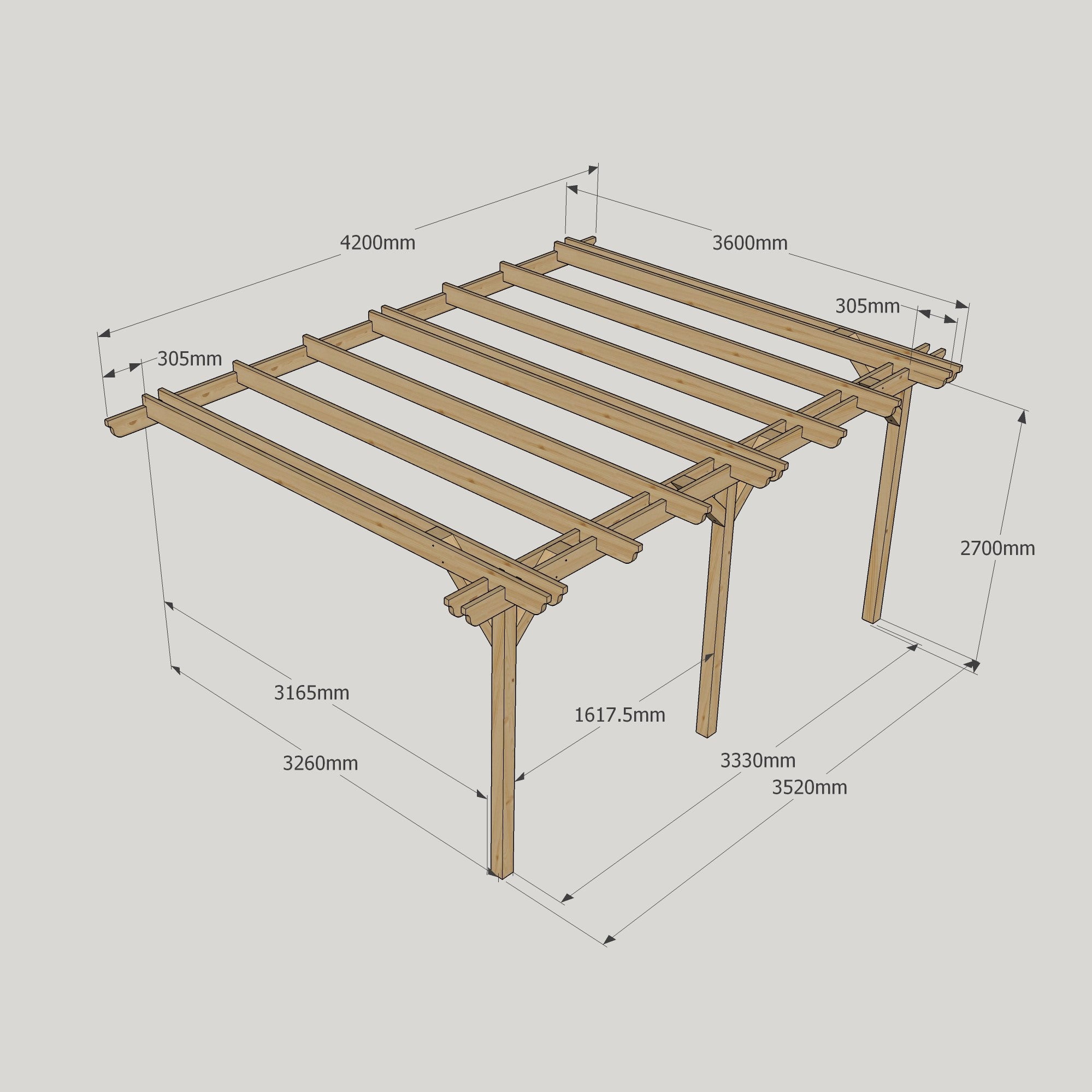 Wall Mounted Double Garden Pergola - Rustic Brown - 3.6m Depth x 4.2m Length
