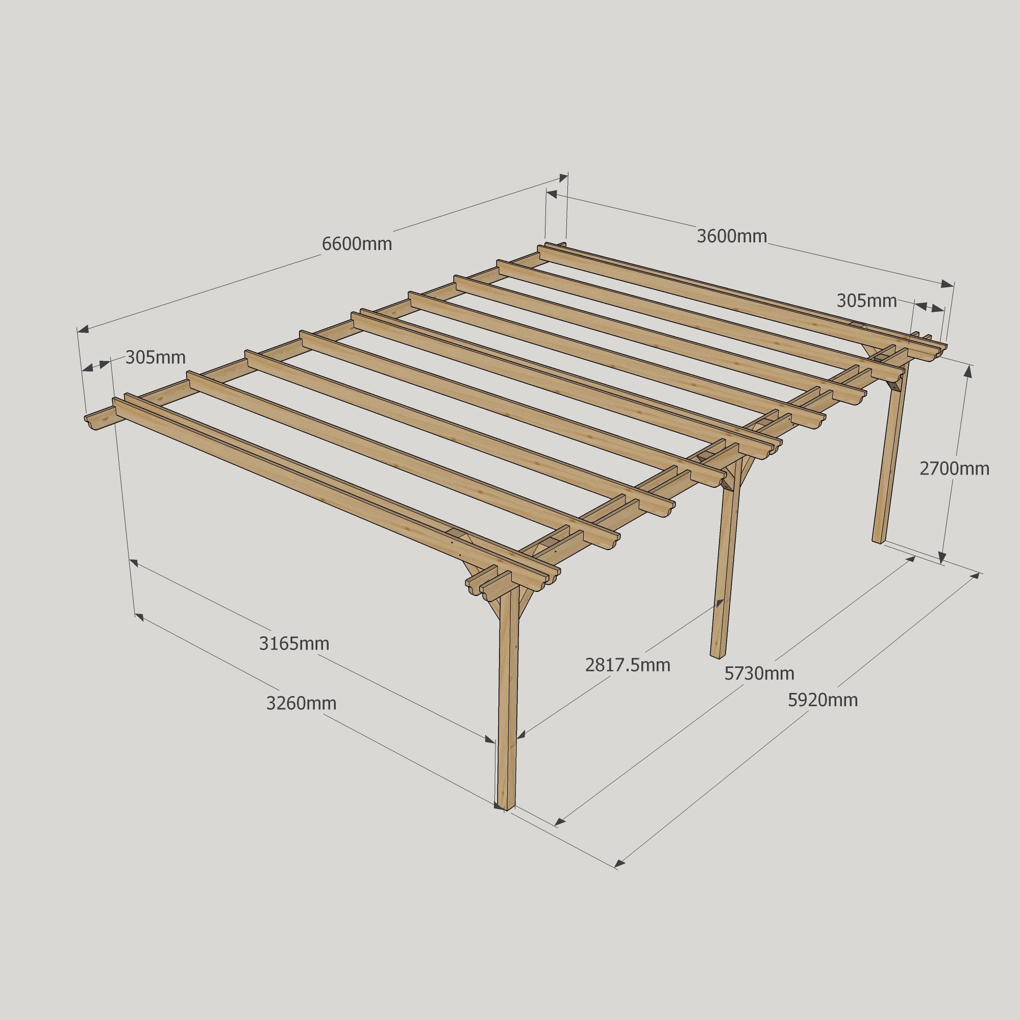 Wall Mounted Double Garden Pergola - Rustic Brown - 3.6m Depth x 6.6m Length