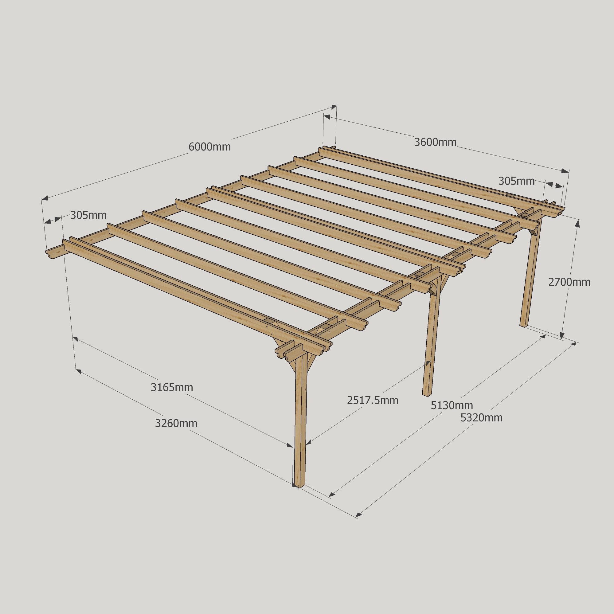 Wall Mounted Double Garden Pergola - Rustic Brown - 3.6m Depth x 6m Length