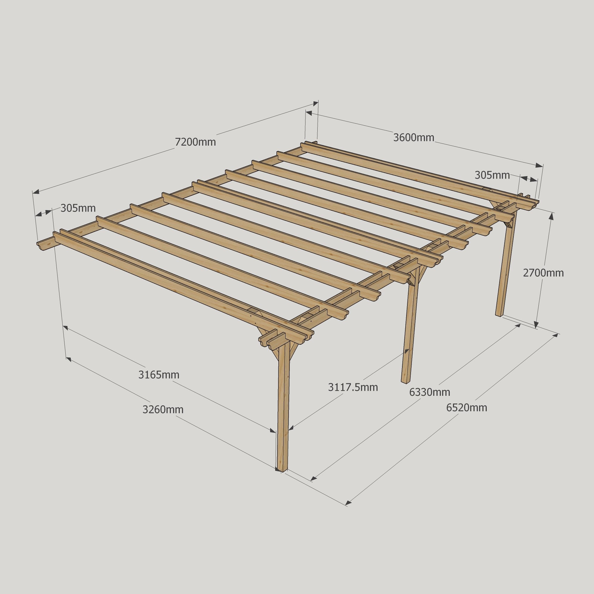 Wall Mounted Double Garden Pergola - Rustic Brown - 3.6m Depth x 7.2m Length