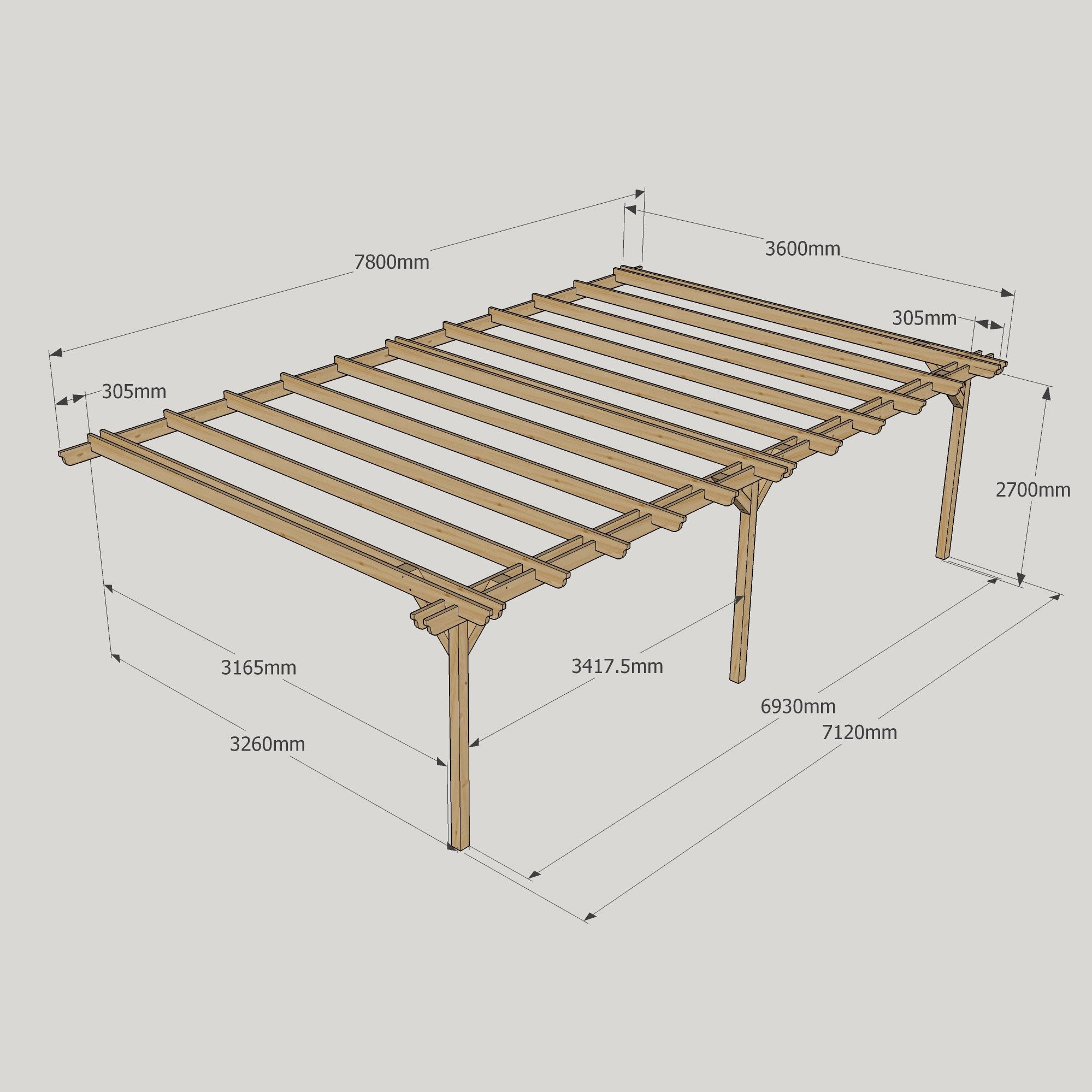 Wall Mounted Double Garden Pergola - Rustic Brown - 3.6m Depth x 7.8m Length