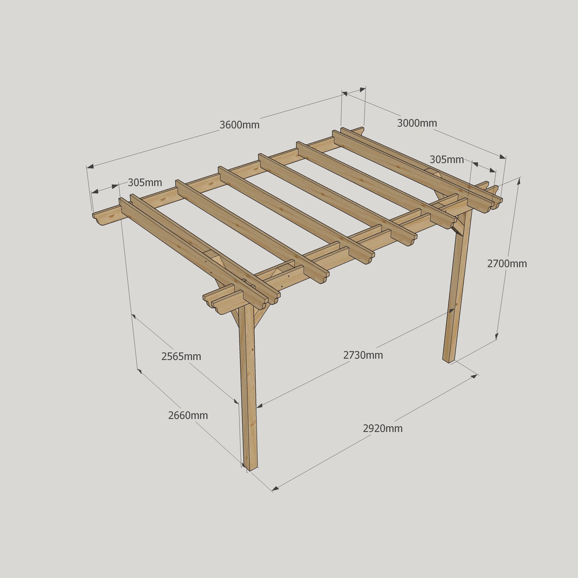 Wall Mounted Double Garden Pergola - Rustic Brown - 3m Depth x 3.6m Length