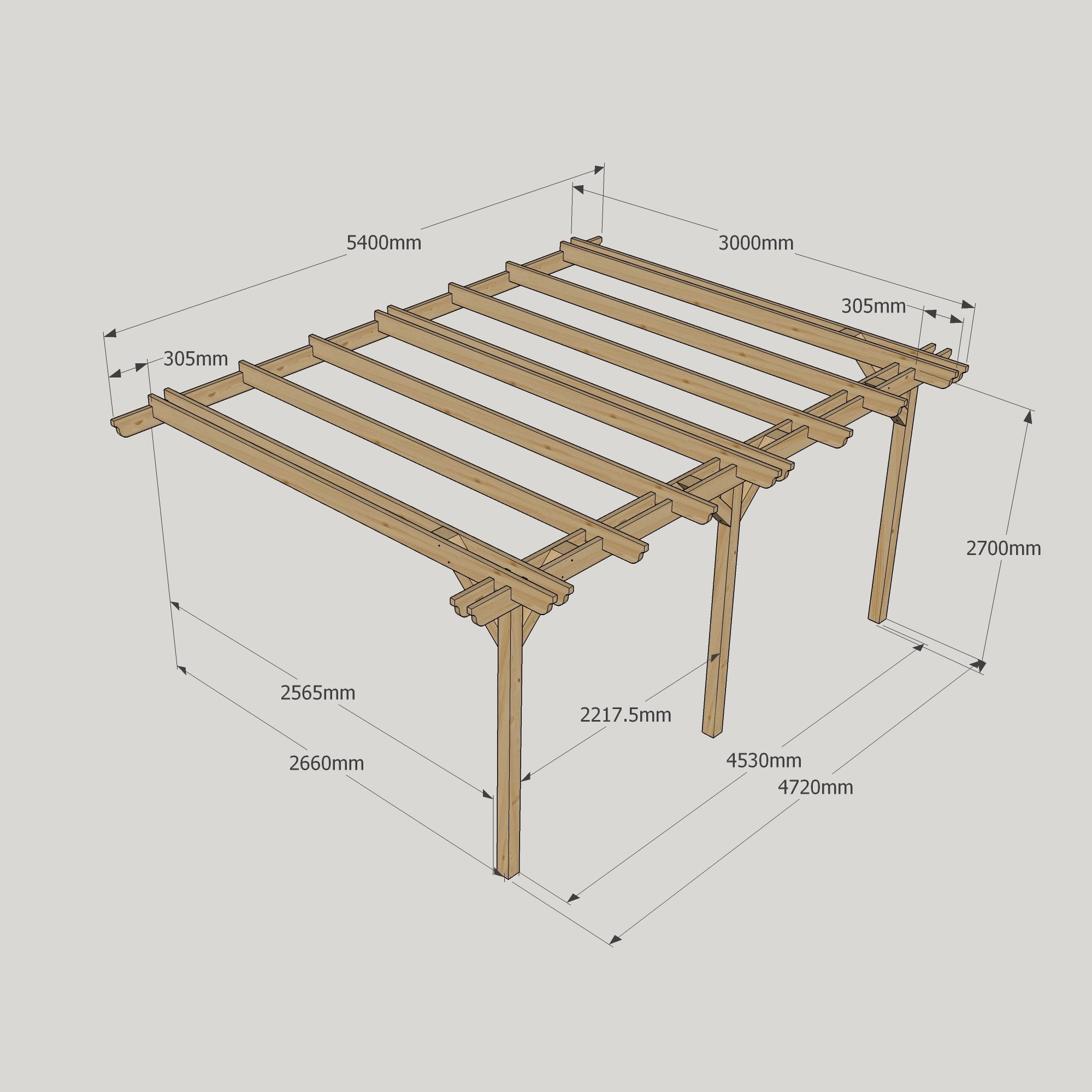 Wall Mounted Double Garden Pergola - Rustic Brown - 3m Depth x 5.4m Length
