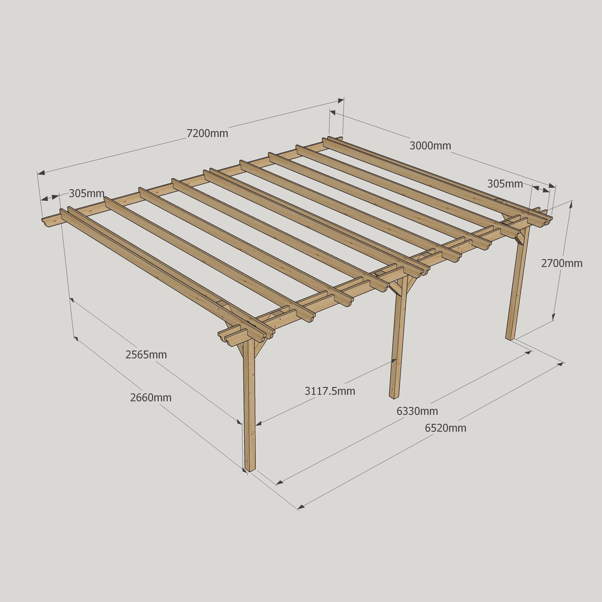 Wall Mounted Double Garden Pergola - Rustic Brown - 3m Depth x 7.2m Length