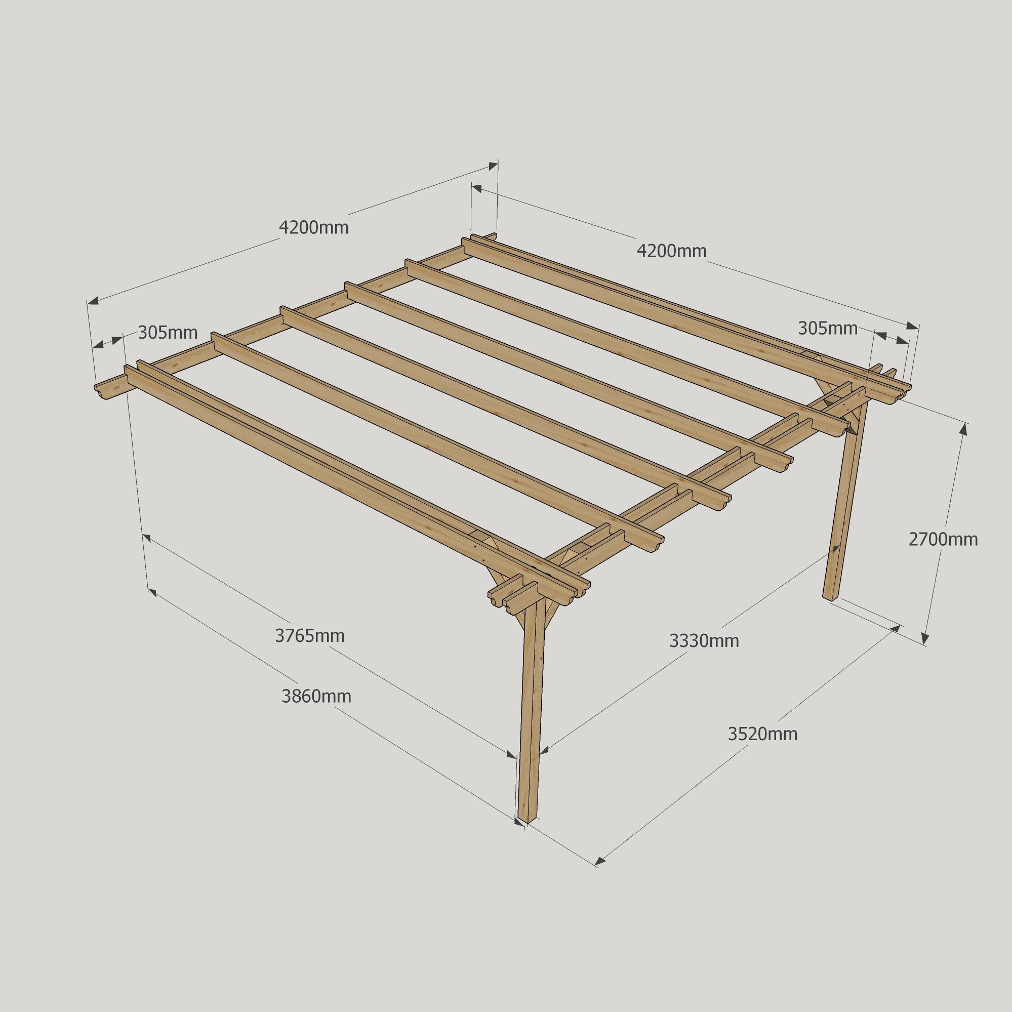 Wall Mounted Double Garden Pergola - Rustic Brown - 4.2m Depth x 4.2m Length