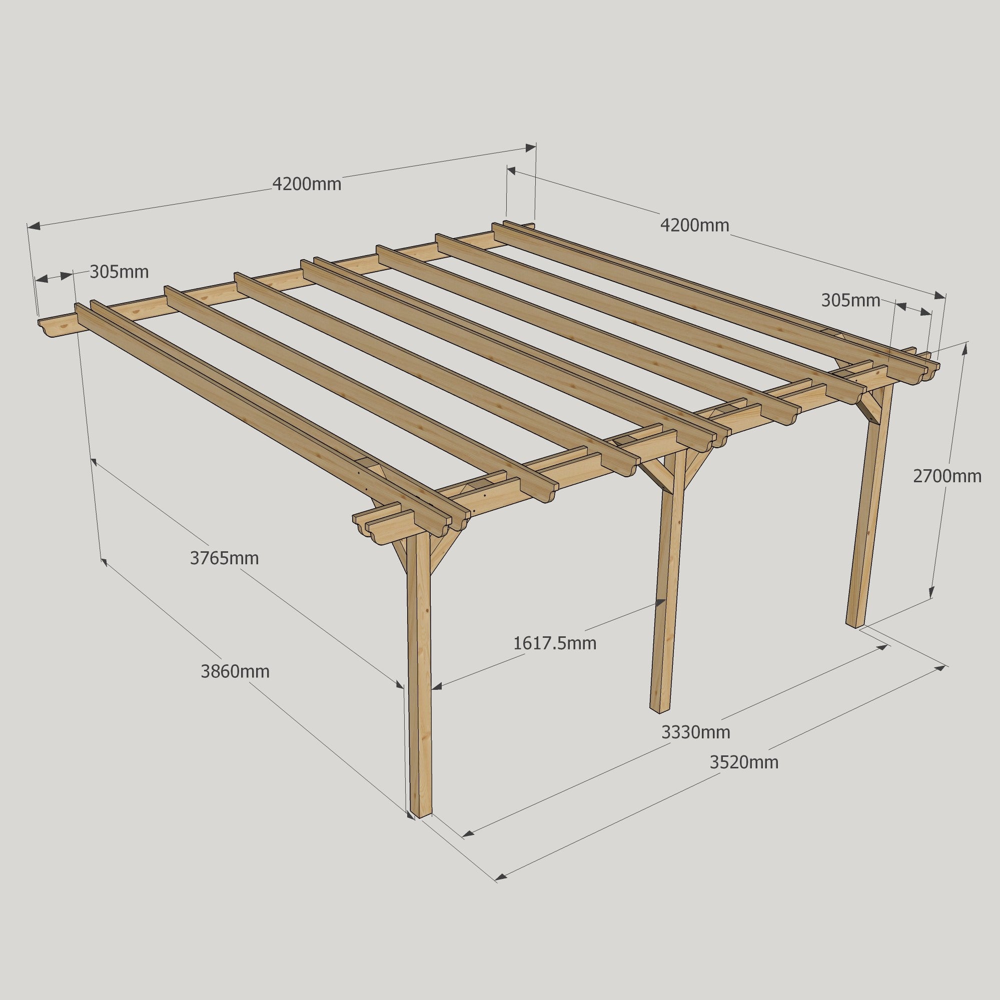 Wall Mounted Double Garden Pergola - Rustic Brown - 4.2m Depth x 4.2m Length