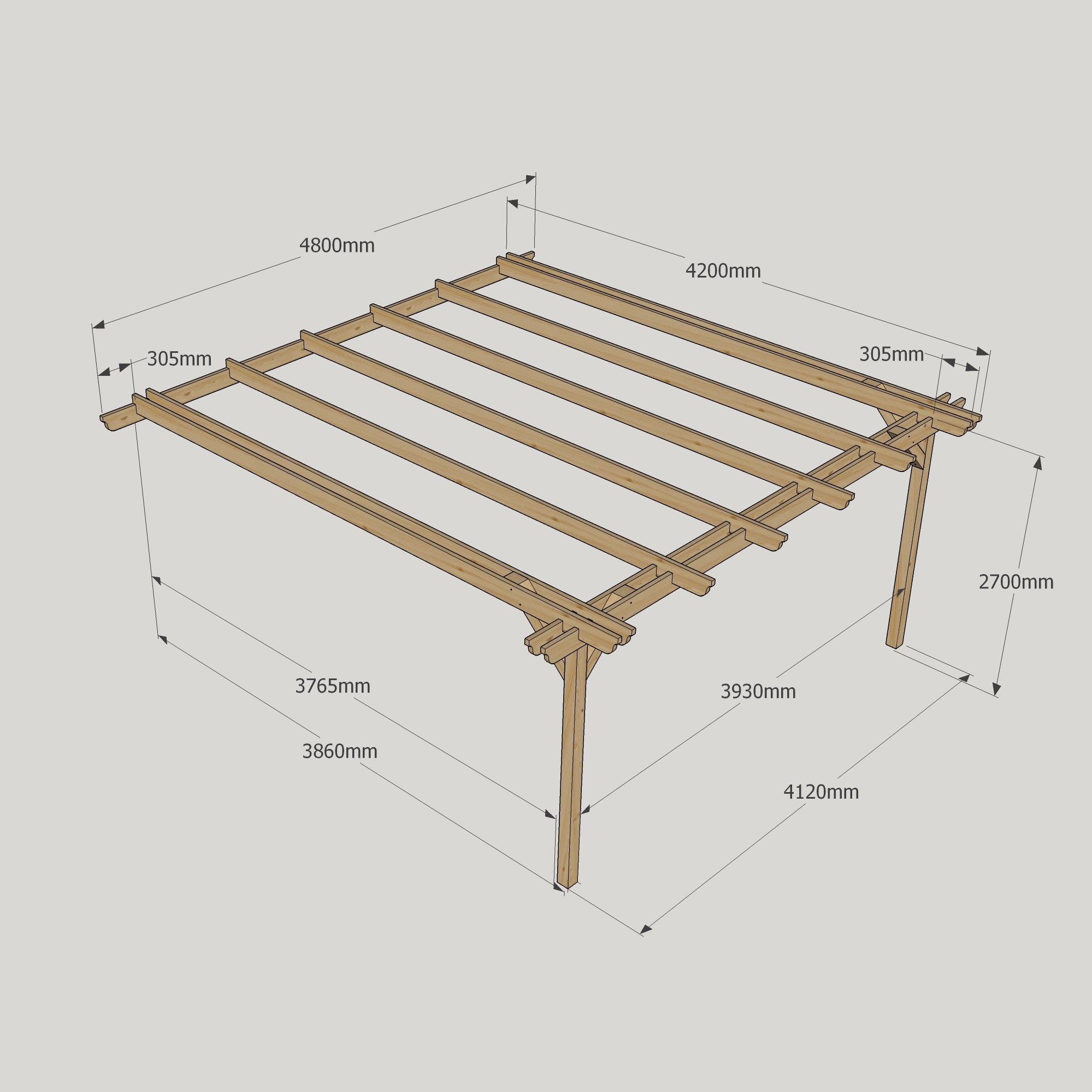 Wall Mounted Double Garden Pergola - Rustic Brown - 4.2m Depth x 4.8m Length