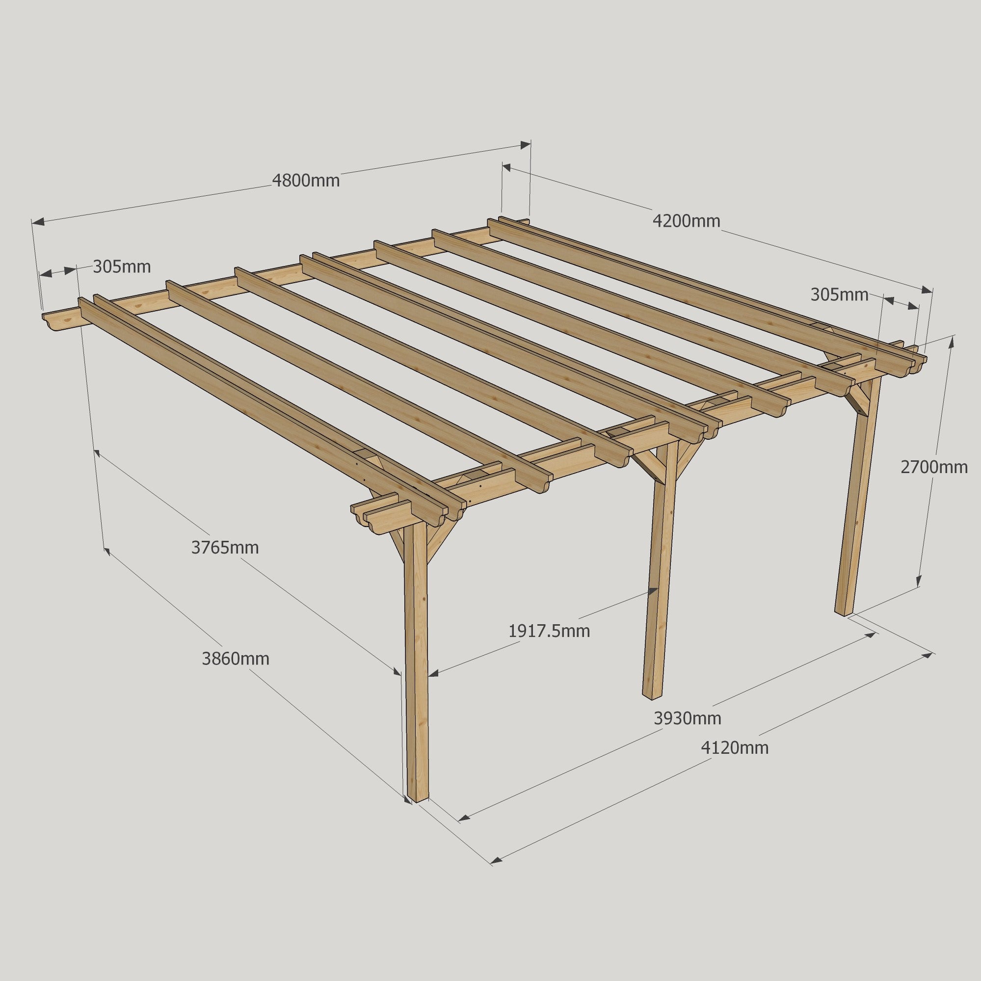 Wall Mounted Double Garden Pergola - Rustic Brown - 4.2m Depth x 4.8m Length