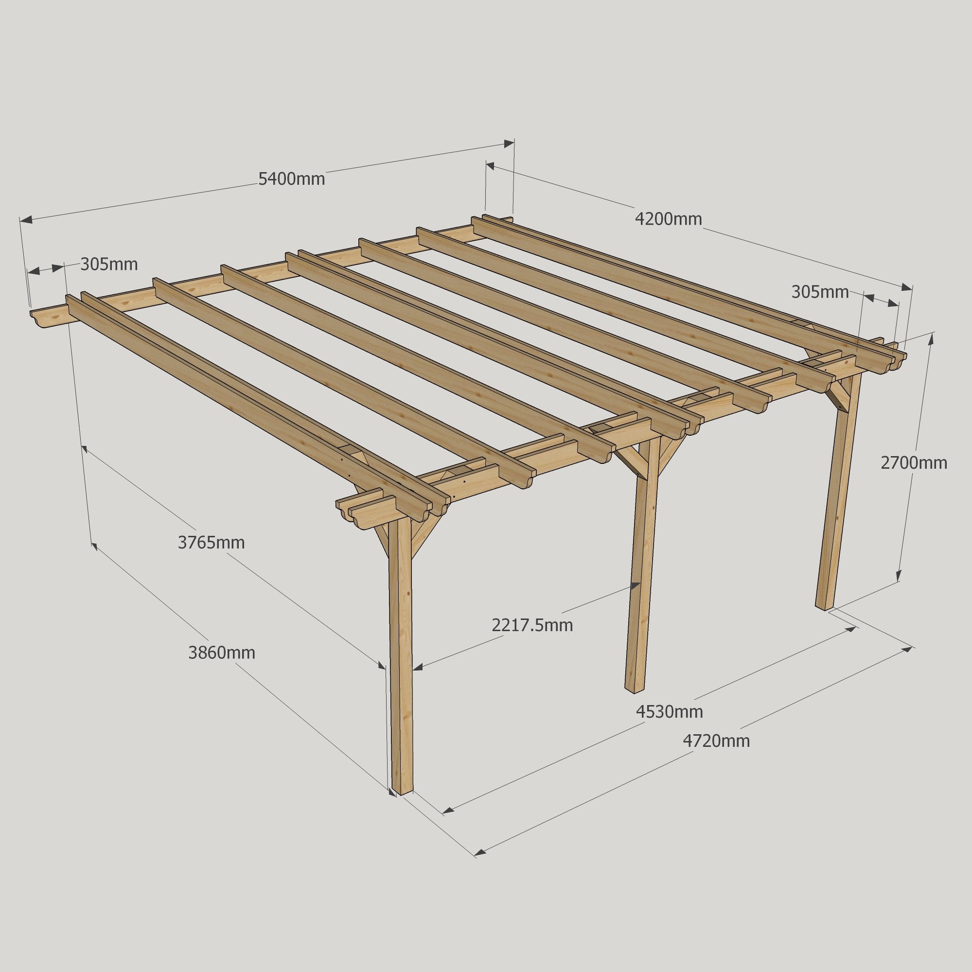 Wall Mounted Double Garden Pergola - Rustic Brown - 4.2m Depth x 5.4m Length