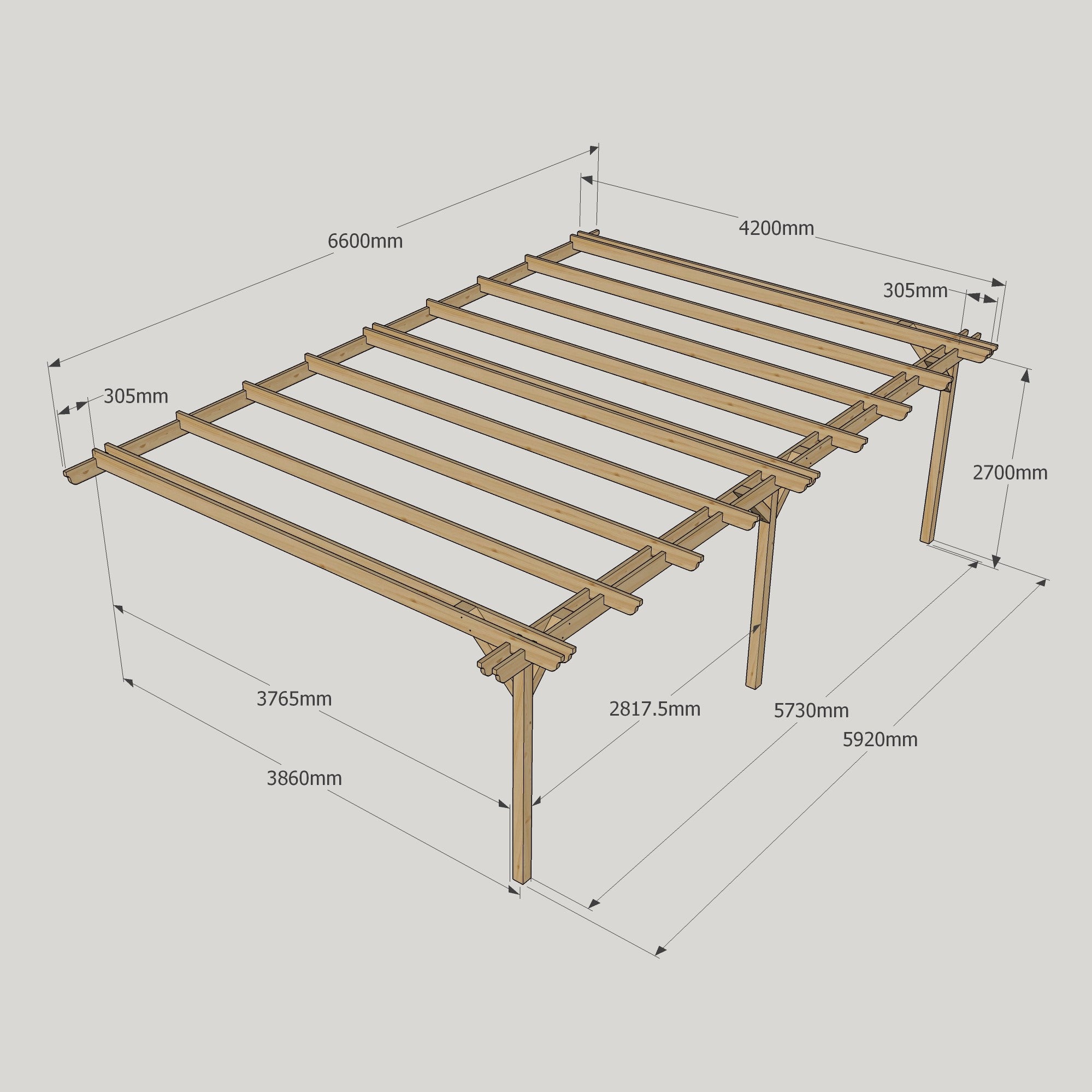 Wall Mounted Double Garden Pergola - Rustic Brown - 4.2m Depth x 6.6m Length