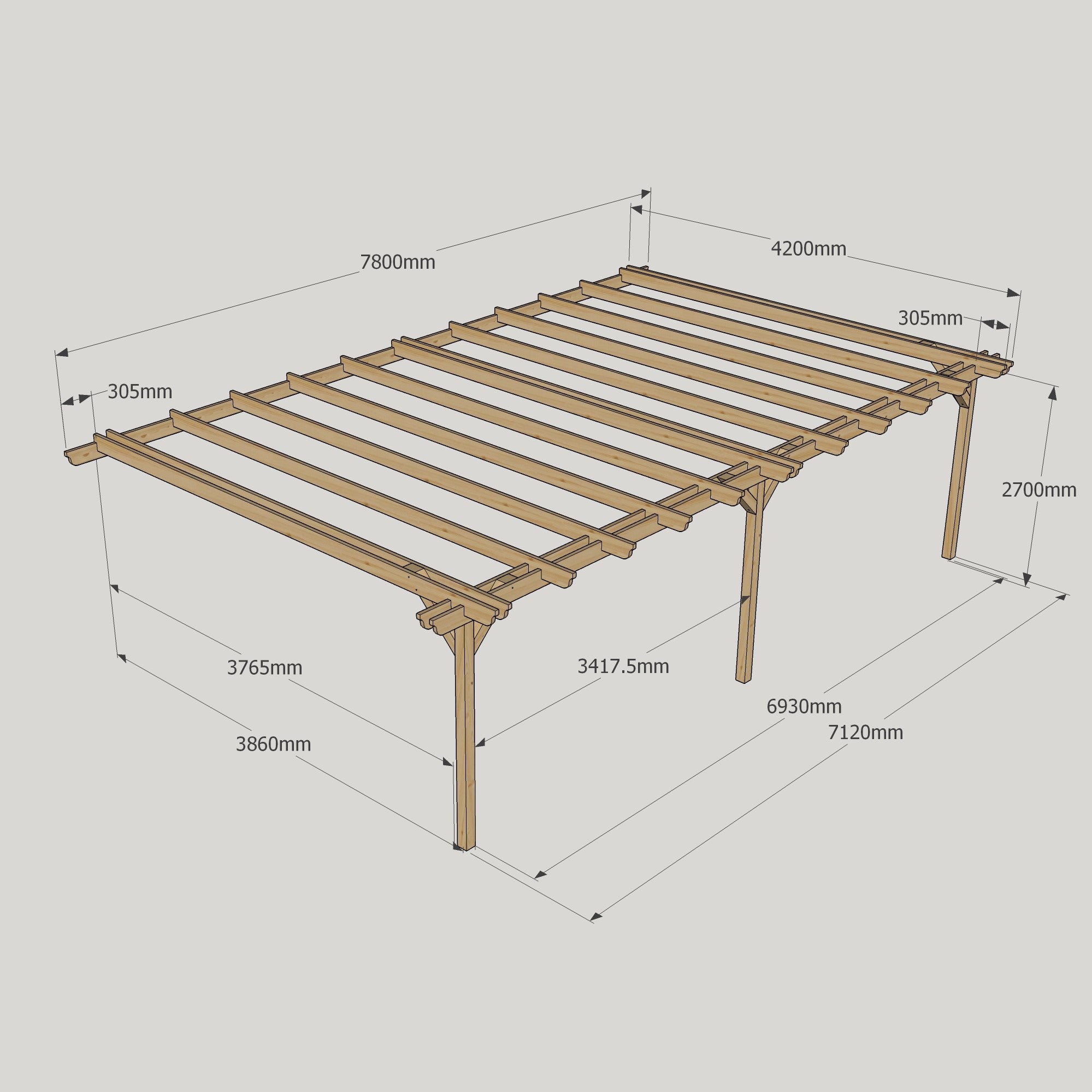 Wall Mounted Double Garden Pergola - Rustic Brown - 4.2m Depth x 7.8m Length