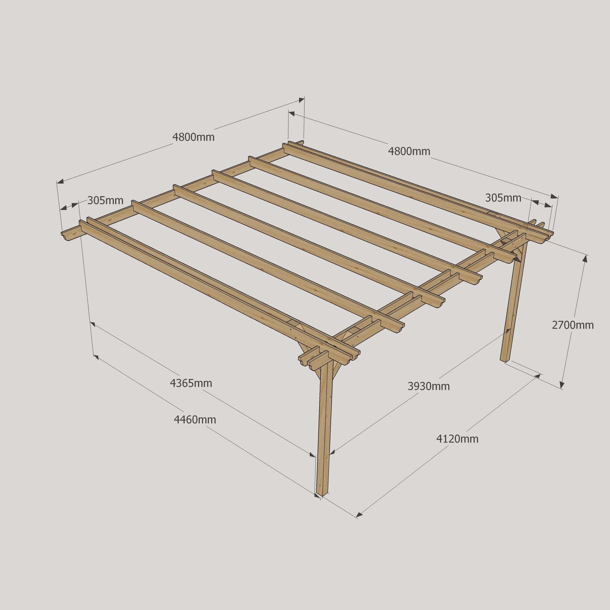 Wall Mounted Double Garden Pergola - Rustic Brown - 4.8m Depth x 4.8m Length