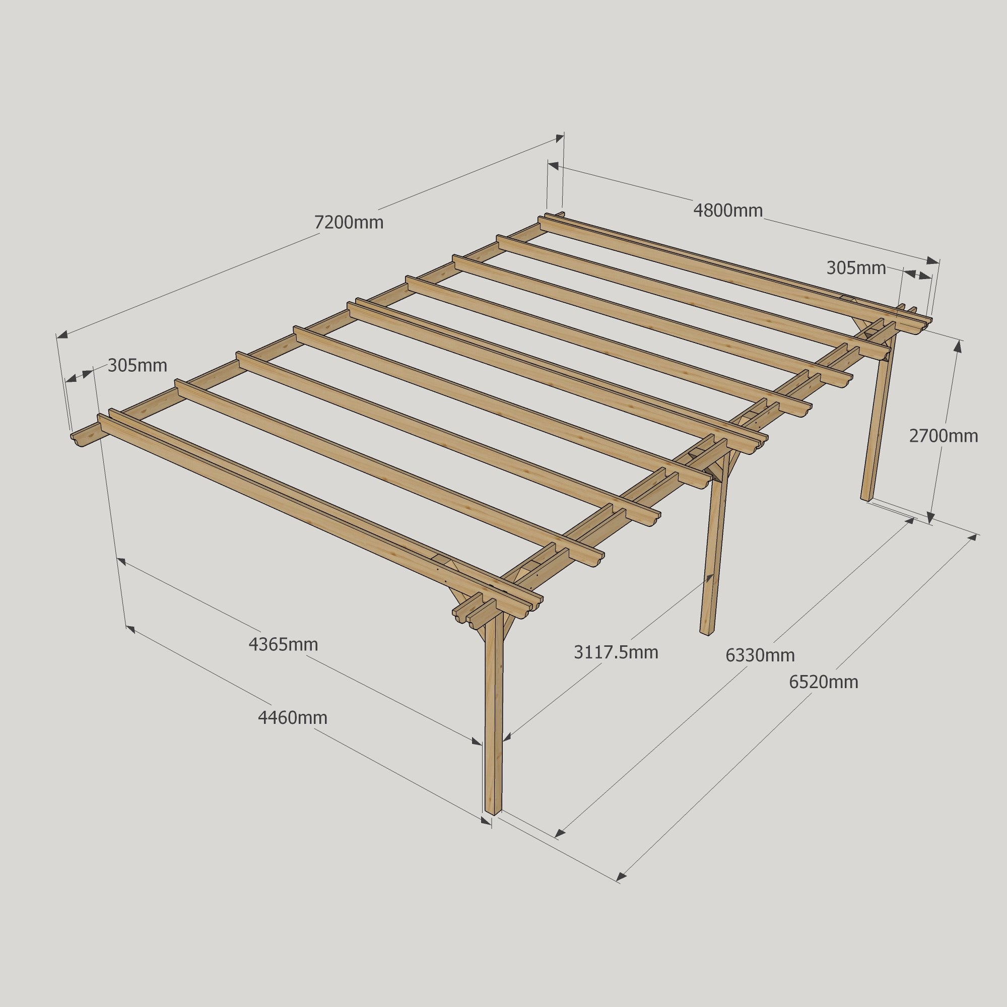 Wall Mounted Double Garden Pergola - Rustic Brown - 4.8m Depth x 7.2m Length
