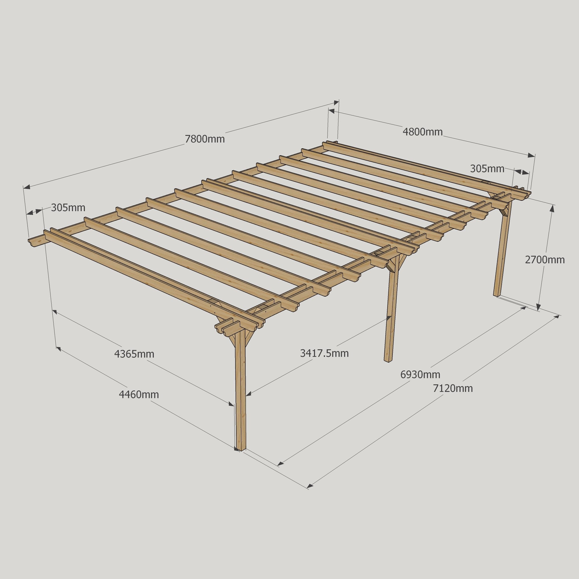Wall Mounted Double Garden Pergola - Rustic Brown - 4.8m Depth x 7.8m Length