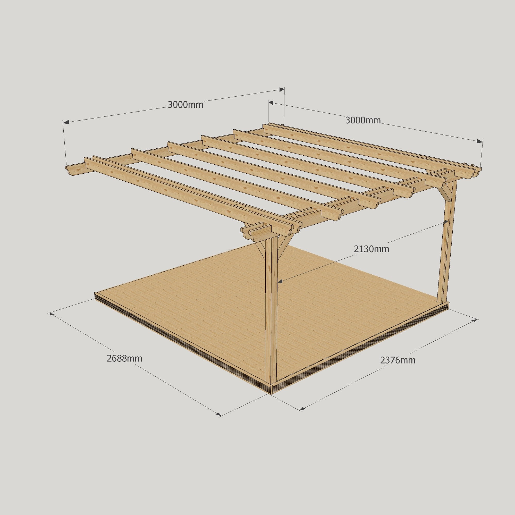 Wall Mounted Double Garden Pergola with Decking - Light Green - 3m Depth x 3m Length